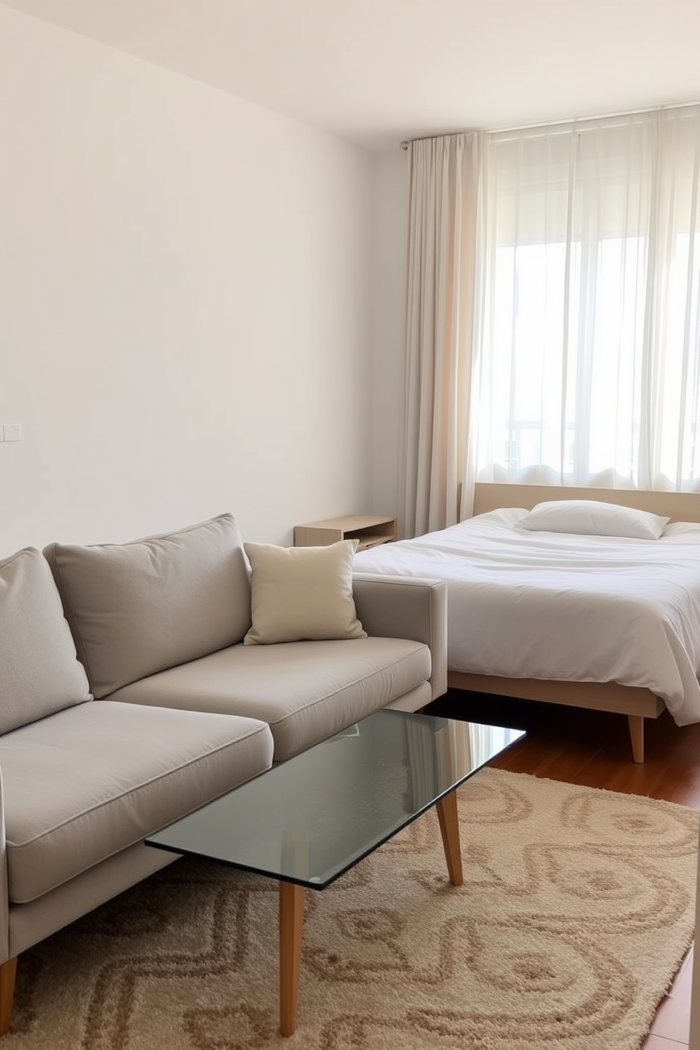 A cozy one-bedroom apartment featuring a light gray sofa with exposed wooden legs that enhance the sense of space. The room is complemented by a glass coffee table and a soft area rug, creating a warm and inviting atmosphere. The bedroom includes a platform bed with a minimalist design and exposed legs, paired with sleek nightstands that maintain an airy feel. Natural light floods the room through sheer curtains, illuminating the soft color palette of whites and pastels.