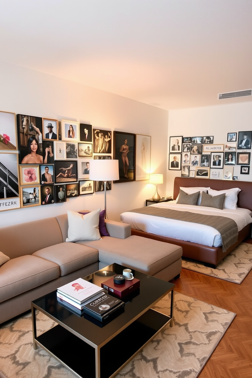 A modern one bedroom apartment featuring a cohesive color palette of soft blues and warm neutrals. The living area includes a plush sofa adorned with coordinating throw pillows, and a sleek coffee table sits atop a textured area rug. In the bedroom, a comfortable bed is dressed in crisp white linens with a soft blue throw blanket draping over the edge. The walls are painted in a light neutral shade, complemented by artwork that incorporates the chosen color scheme.