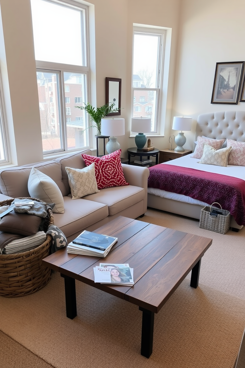 A cozy one-bedroom apartment featuring a light-filled living area with large windows and soft beige walls. The space includes a plush sofa adorned with colorful throw pillows and a stylish coffee table made of reclaimed wood. In the corner, a decorative basket holds cozy blankets and magazines for easy access. The bedroom showcases a queen-sized bed with a tufted headboard, complemented by bedside tables with elegant lamps and decorative baskets for organized storage.