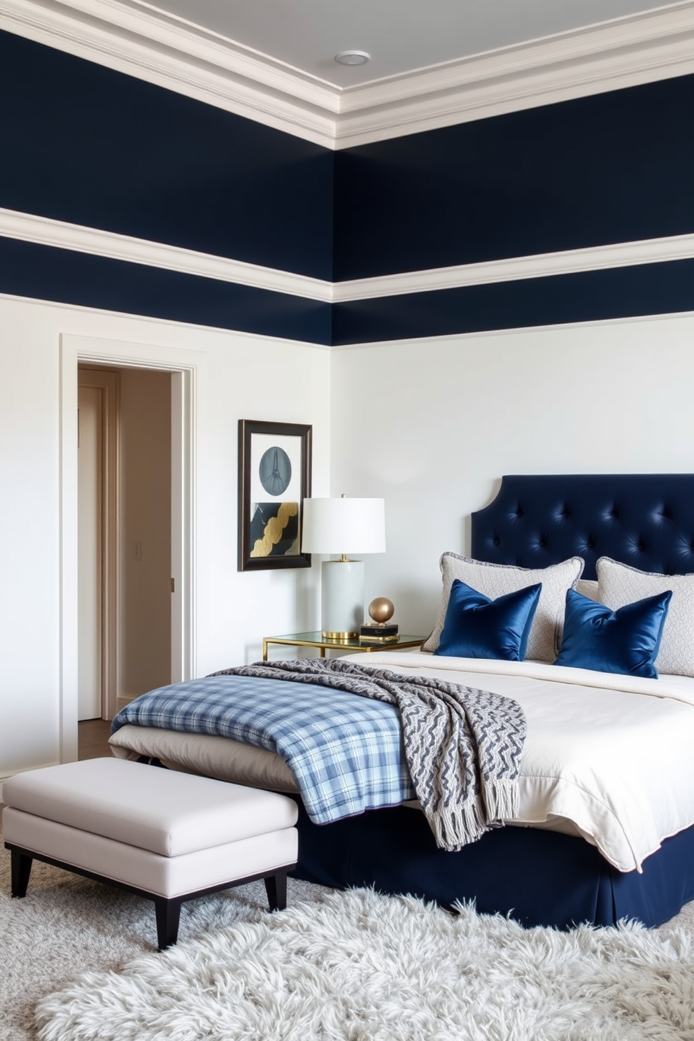 A stylish bedroom in a modern apartment featuring a plush king-sized bed with a tufted headboard and soft linens. A statement lighting fixture hangs above the bed, casting a warm glow over the room, while large windows allow natural light to flood in. The walls are painted in a calming pale blue, complemented by a cozy area rug beneath the bed. A sleek nightstand on each side holds minimalist lamps, and a piece of abstract art adorns the wall above the bed.