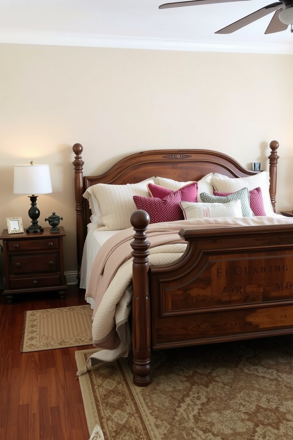 A cozy bedroom setting that incorporates vintage pieces for character. The focal point is a beautifully aged wooden bed frame adorned with soft, textured linens and an array of decorative pillows. To the left of the bed, a vintage nightstand holds a classic lamp with a warm glow. The walls are painted in a soft beige hue, and a patterned area rug adds warmth to the wooden floor.