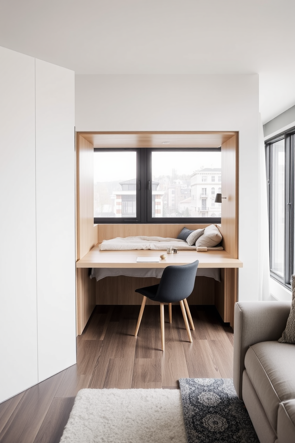 A stylish one-bedroom apartment featuring a compact kitchen island that serves as both a cooking space and a dining area. The island is topped with a sleek quartz surface and surrounded by modern bar stools, creating a cozy yet functional atmosphere. The living area is designed with a comfortable sofa and a coffee table, complemented by a soft area rug. Large windows allow natural light to flood the space, highlighting the minimalist decor and neutral color palette throughout the apartment.