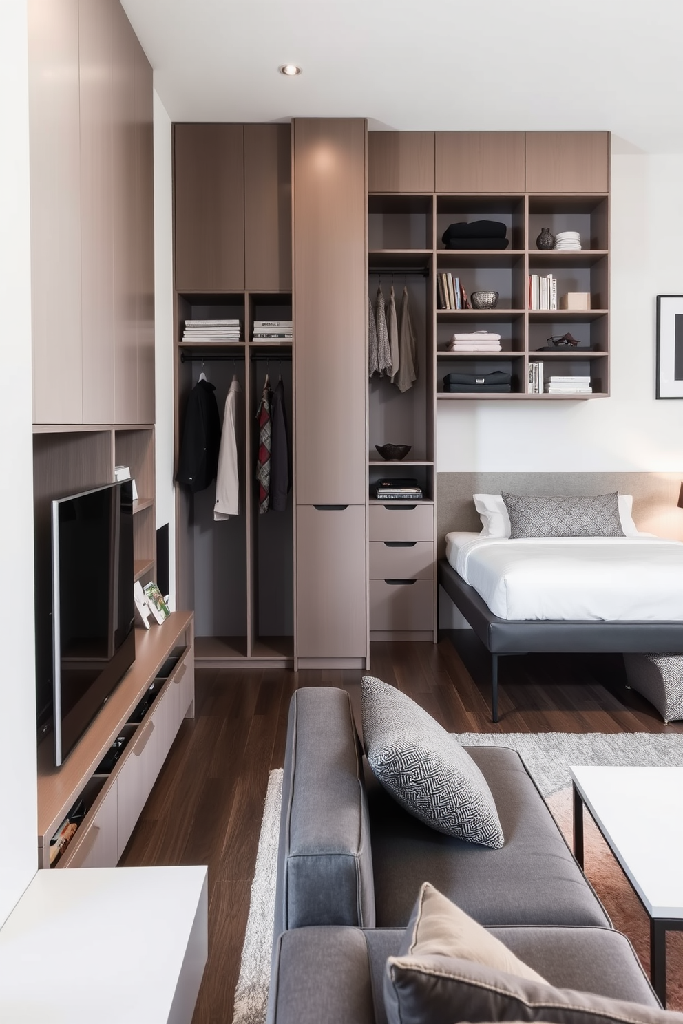 A cozy bedroom in a one-bedroom apartment featuring a plush queen-sized bed with a soft grey duvet. Decorative baskets are placed at the foot of the bed and beside the nightstand for stylish storage of blankets and magazines. The walls are painted in a warm beige tone, creating an inviting atmosphere. A small wooden dresser with a round mirror above it complements the overall design, while a woven rug adds texture to the floor.