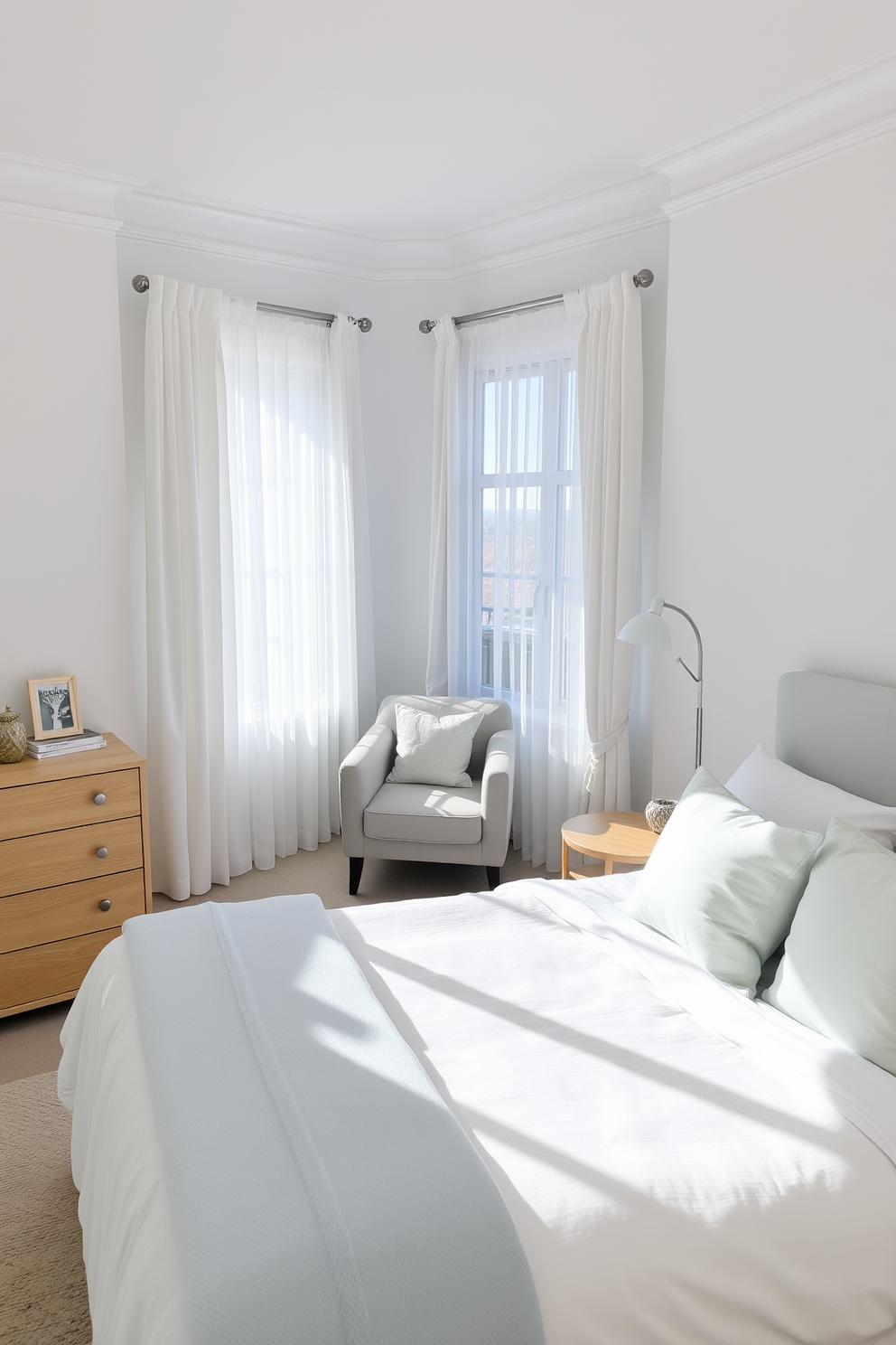 A light and airy bedroom featuring soft white walls and pale blue accents. The bed is dressed in crisp white linens with a light blue throw blanket, and two fluffy pillows add a touch of comfort. Natural light streams in through sheer curtains, illuminating a cozy reading nook with a plush armchair and a small side table. A minimalist wooden dresser sits against one wall, adorned with a few decorative items for a personal touch.