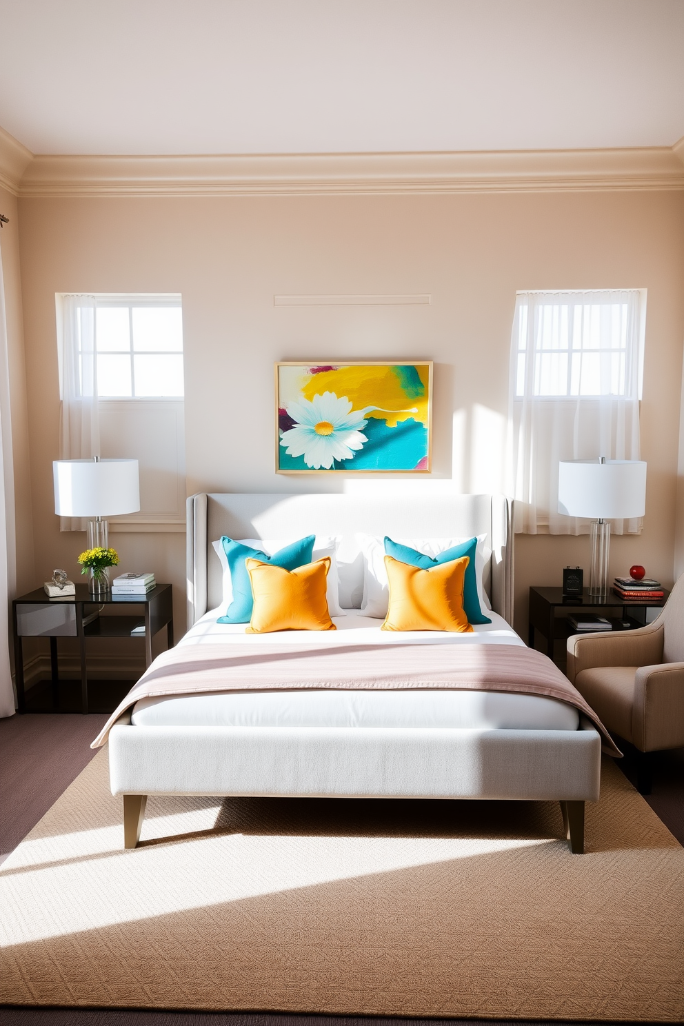 A serene bedroom setting featuring a neutral color palette with soft beige walls and a light gray upholstered bed. Colorful accents include vibrant throw pillows in shades of teal and mustard, a patterned area rug, and artwork that adds a pop of color above the headboard. Natural light floods the space through large windows dressed with sheer white curtains. A sleek nightstand on either side of the bed holds modern lamps, while a cozy reading nook is created with a comfortable armchair and a small bookshelf in the corner.