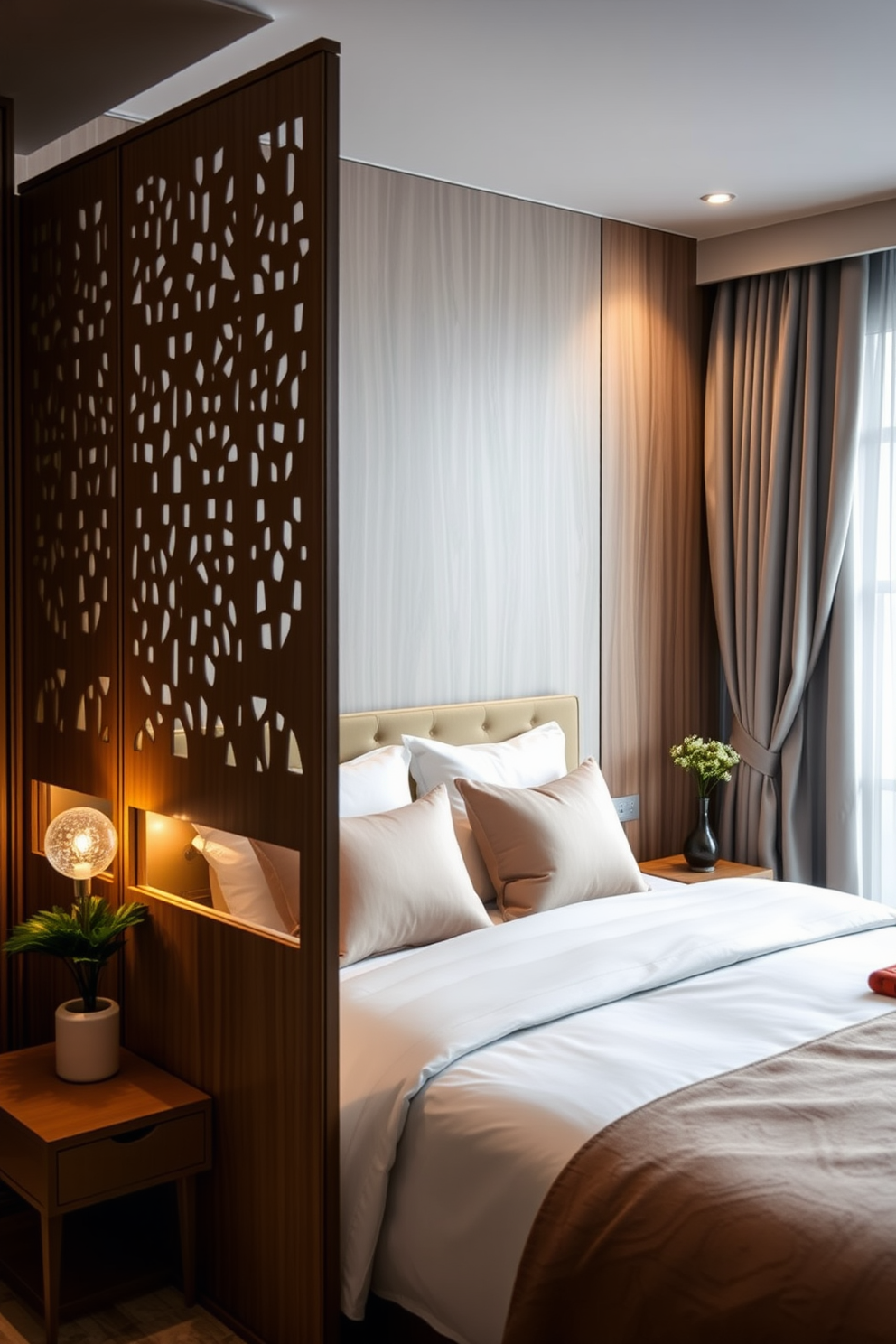 A cozy bedroom space featuring a plush king-sized bed dressed in soft, textured fabrics such as velvet and linen. The walls are painted in a warm taupe hue, and a large area rug with a subtle pattern covers the hardwood floor. Beside the bed, there are two elegant nightstands made of dark wood, each topped with a stylish lamp that casts a warm glow. A comfortable reading nook is created by a plush armchair draped with a chunky knit throw, positioned near a window that allows natural light to filter in.