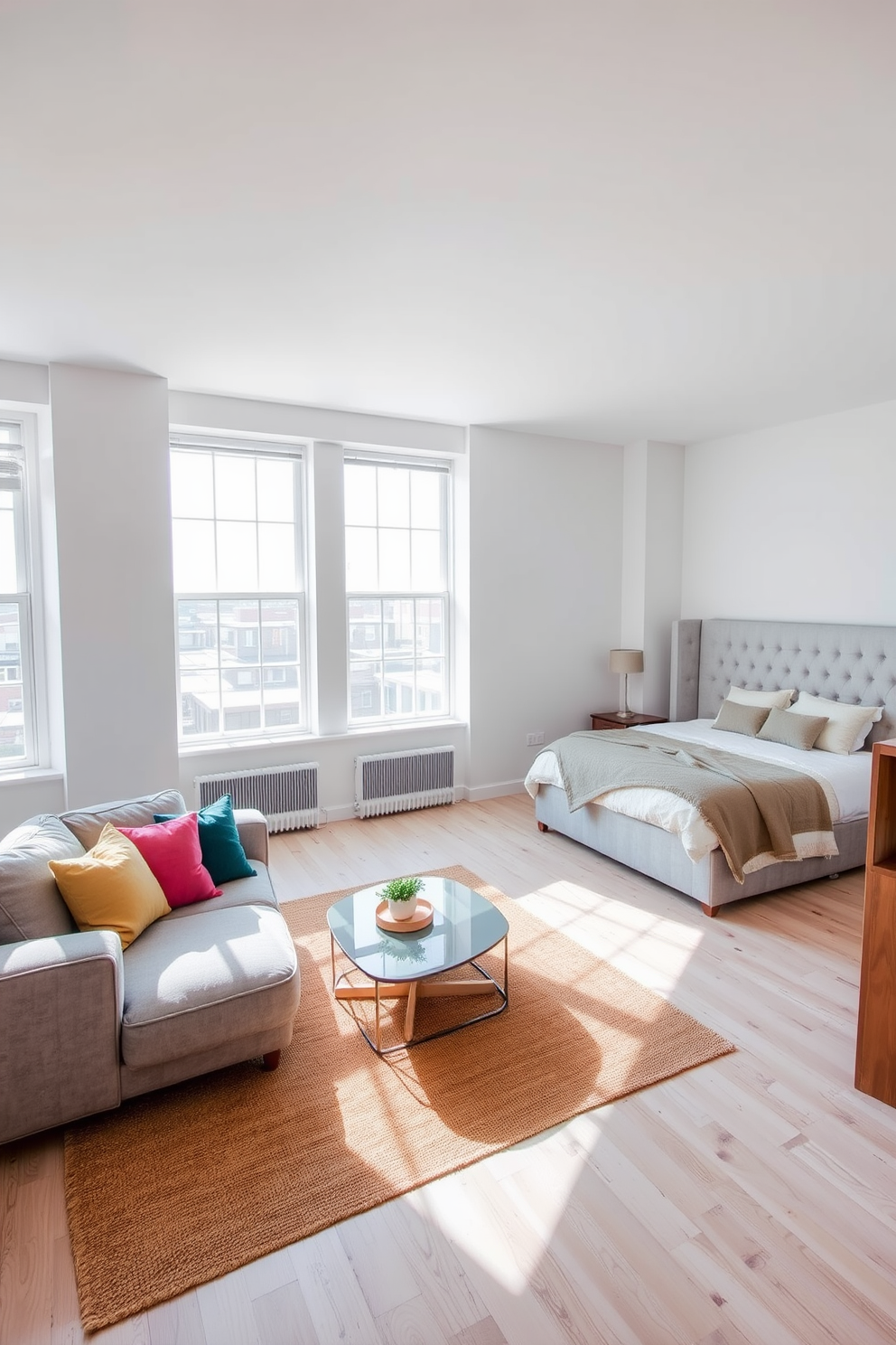 A cozy one-bedroom apartment featuring a plush, oversized sofa in a soft gray fabric, perfect for relaxation. The sofa is adorned with colorful throw pillows, and a stylish coffee table sits in front, complemented by a warm area rug underneath. The bedroom showcases a queen-sized bed with a modern upholstered headboard, layered with luxurious bedding in neutral tones. Natural light floods the room through large windows, enhancing the serene atmosphere with light wooden flooring and minimalistic decor.