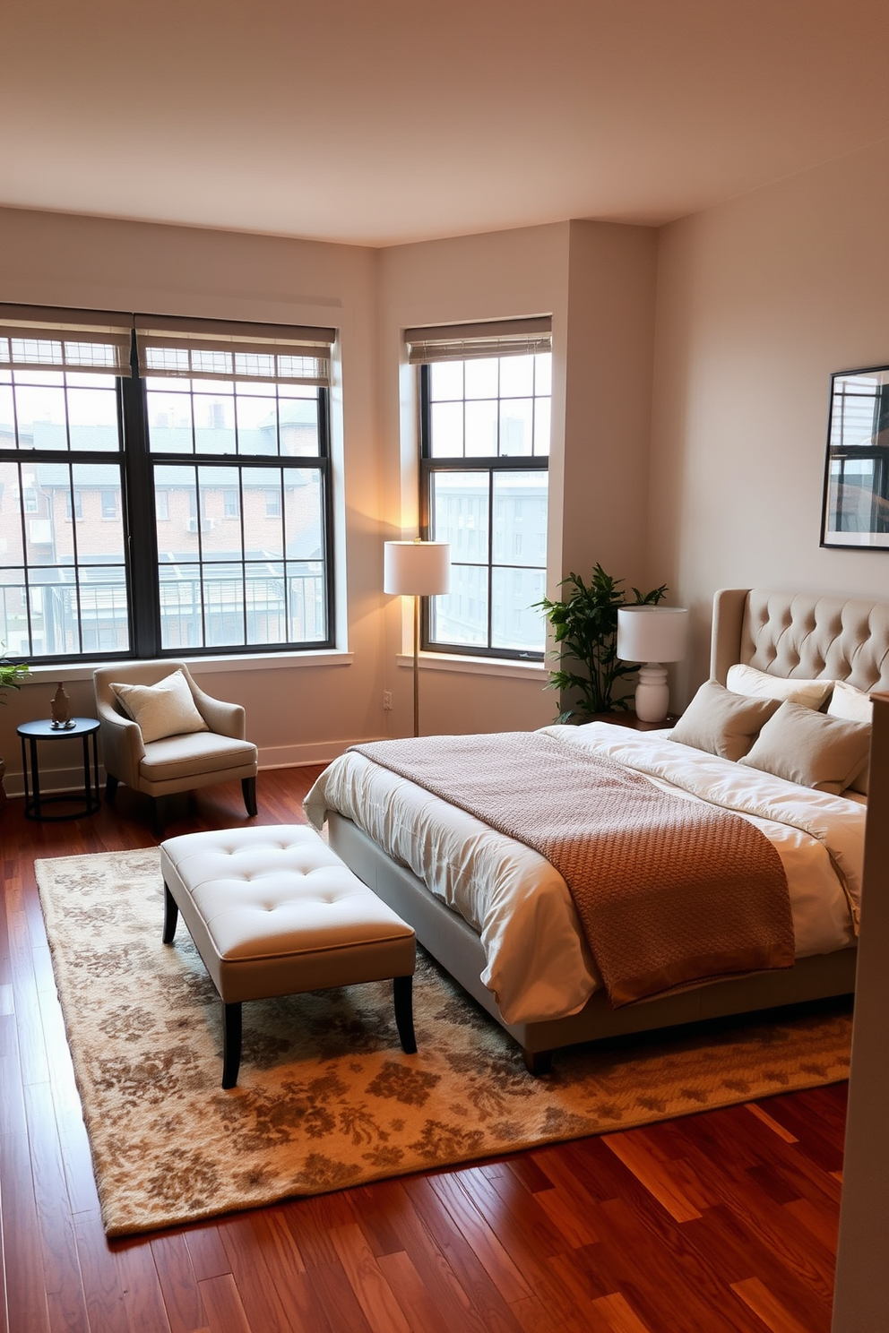 A cozy one-bedroom apartment featuring a small dining area adjacent to the living space. The dining table is round with four upholstered chairs, set under a stylish pendant light that adds warmth to the room. The walls are painted in a soft beige, complemented by a gallery of framed artwork above the table. A small sideboard is placed against the wall, showcasing decorative items and providing additional storage.