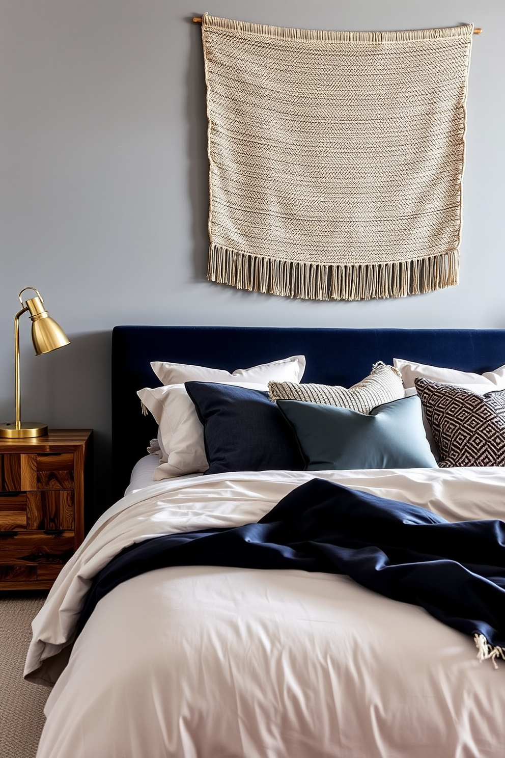 A cozy bedroom retreat featuring a plush velvet headboard in deep navy blue. The bedding is a mix of soft cotton and luxurious silk, layered with decorative throw pillows in varying textures. A stylish nightstand made of reclaimed wood stands beside the bed, topped with a sleek brass lamp. The walls are painted a soft gray, complemented by a woven tapestry hanging above the bed for added warmth.