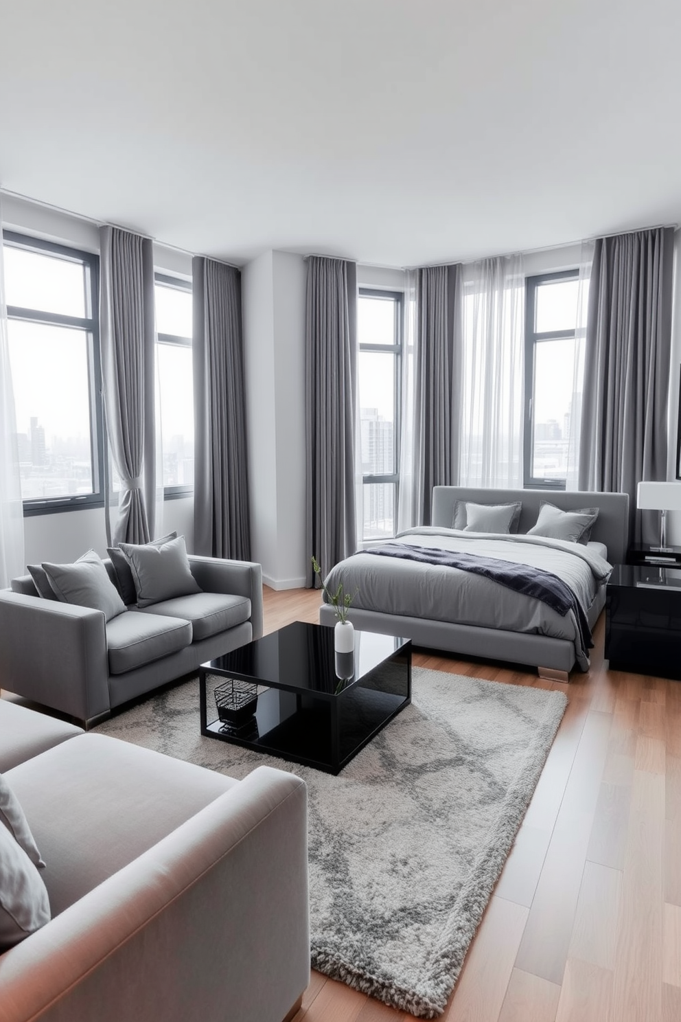 A chic one-bedroom apartment featuring a monochromatic color scheme with varying shades of gray. The living area includes a plush gray sofa paired with a sleek black coffee table, while a soft area rug anchors the space. The bedroom showcases a stylish platform bed dressed in gray linens, complemented by matching nightstands on either side. Large windows allow natural light to flood the room, highlighting the elegant gray drapes that frame the view.