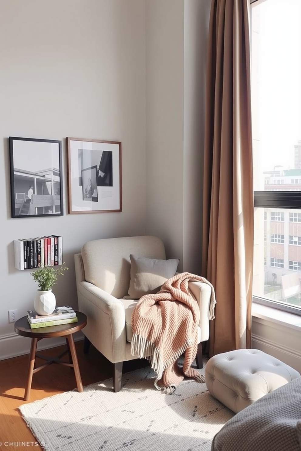 Create a cozy reading nook by a large window in a one-bedroom apartment. The nook features a plush armchair in soft fabric, a small side table for books, and a warm throw blanket draped over the chair.