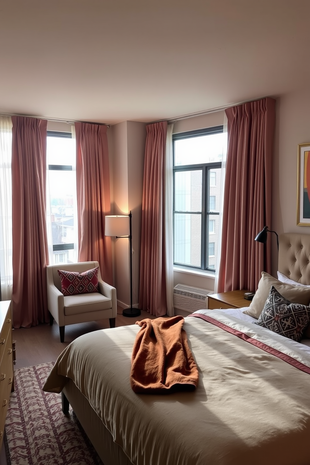 A cozy bedroom with floating shelves mounted on the walls displaying various decorative items. The bed is centered against a feature wall painted in a soft blue, with plush bedding and accent pillows that complement the overall color scheme. Natural light pours in through large windows adorned with sheer curtains, creating a warm and inviting atmosphere. A stylish rug lies beneath the bed, adding texture and warmth to the space.