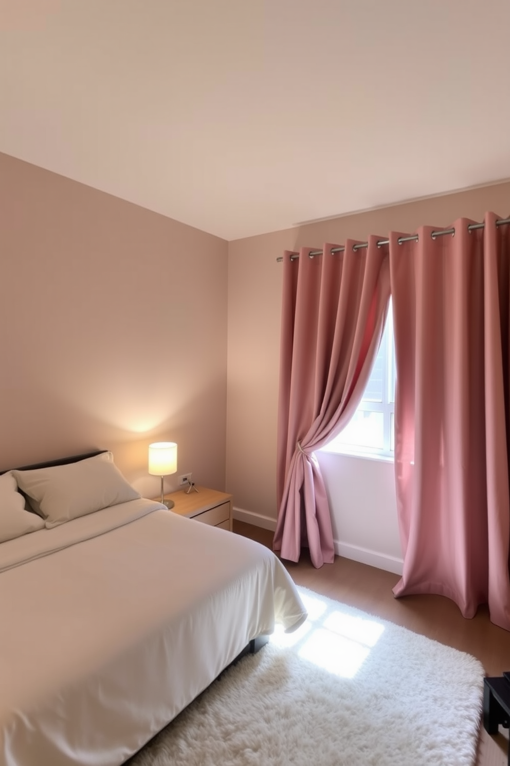 A cozy 10 by 10 bedroom featuring curtains that seamlessly blend with the wall color creating a harmonious look. The room includes a comfortable bed dressed in soft linens, a small bedside table with a lamp, and a plush area rug on the floor.