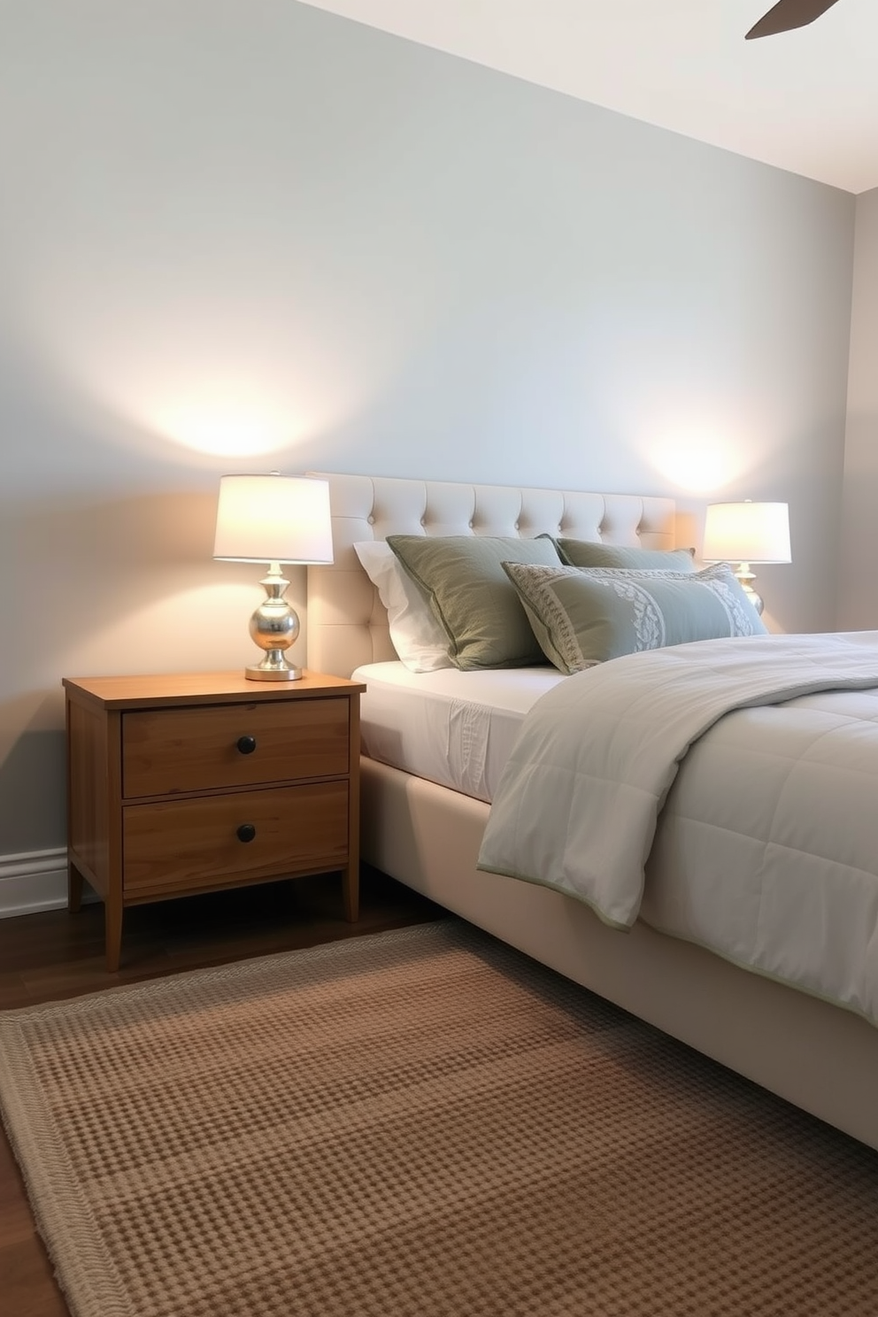 A cozy bedroom featuring compact nightstands with drawers on either side of a plush queen-sized bed. The nightstands are finished in a warm wood tone, with decorative knobs that add a touch of elegance. Soft ambient lighting from stylish lamps rests atop each nightstand, creating a serene atmosphere. The walls are painted in a calming light gray, while a textured area rug lies beneath the bed, enhancing the room's comfort.