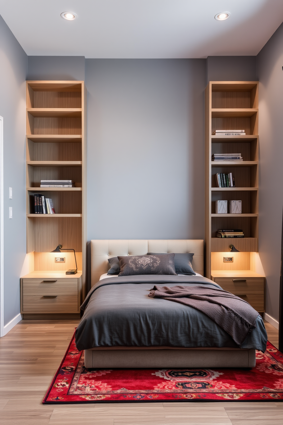 A modern bedroom featuring built-in shelving that creates a sleek and organized look. The walls are painted in a soft gray, and the shelving is made of light wood, seamlessly integrated into the design. A cozy bed with a plush headboard sits against one wall, complemented by bedside tables that match the shelving. Soft, ambient lighting enhances the inviting atmosphere, while a colorful area rug adds a touch of warmth to the space.