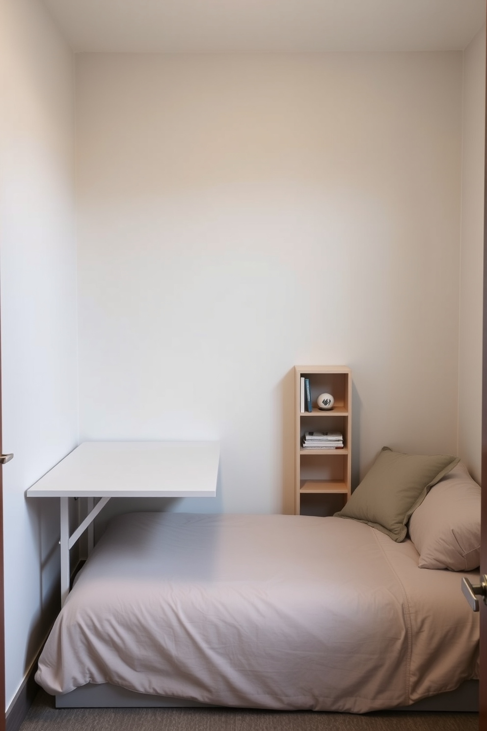 A cozy 10x10 bedroom featuring a foldable desk that maximizes space and provides flexibility for work or study. The bed is positioned against a wall with soft neutral bedding, while a small bookshelf stands opposite the desk for added storage and decor.