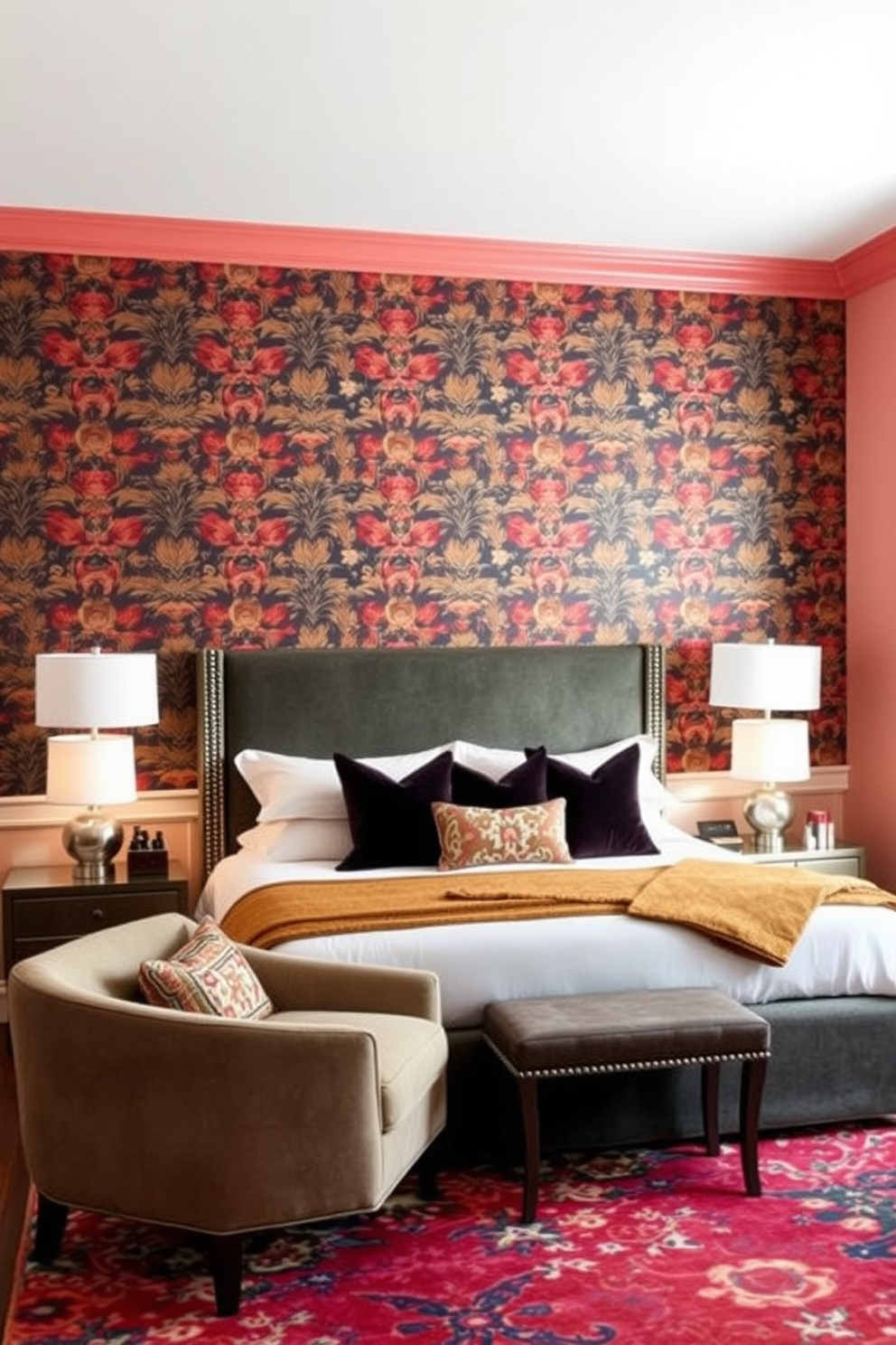 A striking accent wall adorned with bold wallpaper sets the tone for the bedroom. The remaining walls are painted in a soft complementary color to enhance the vibrancy of the wallpaper. A plush king-sized bed is centered against the accent wall, dressed in luxurious linens and decorative pillows. Flanking the bed are stylish nightstands with elegant lamps that provide a warm glow. In one corner, a cozy reading nook features a comfortable armchair and a small side table. A colorful area rug anchors the space, adding texture and warmth to the overall design.