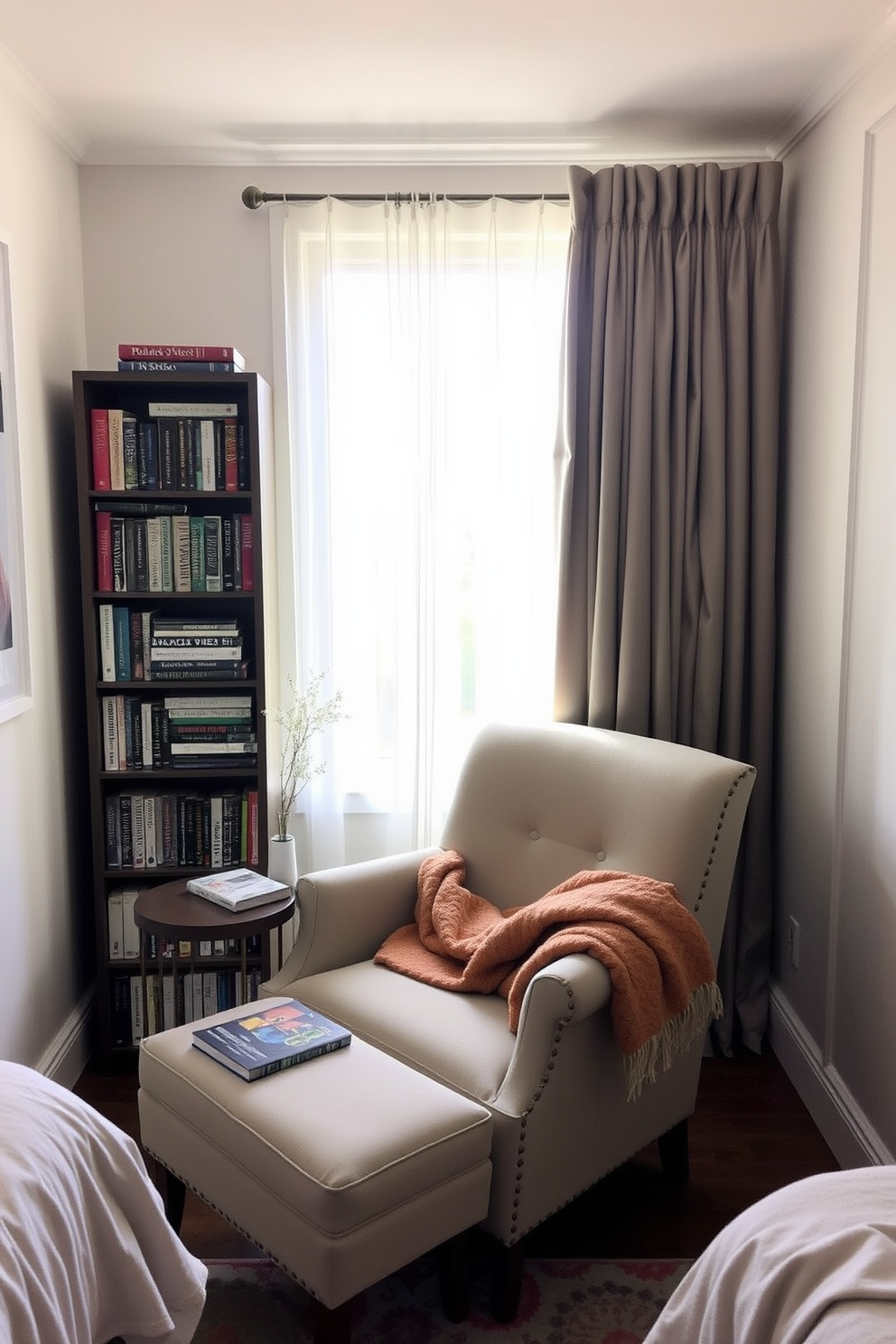 Create a cozy reading nook by the window in a 10x10 bedroom. Include a plush armchair in a soft fabric, a small side table for books, and a warm throw blanket draped over the chair. Add a tall bookshelf filled with a variety of books and decorative items to one side. Use soft, natural light filtering through sheer curtains to enhance the inviting atmosphere.