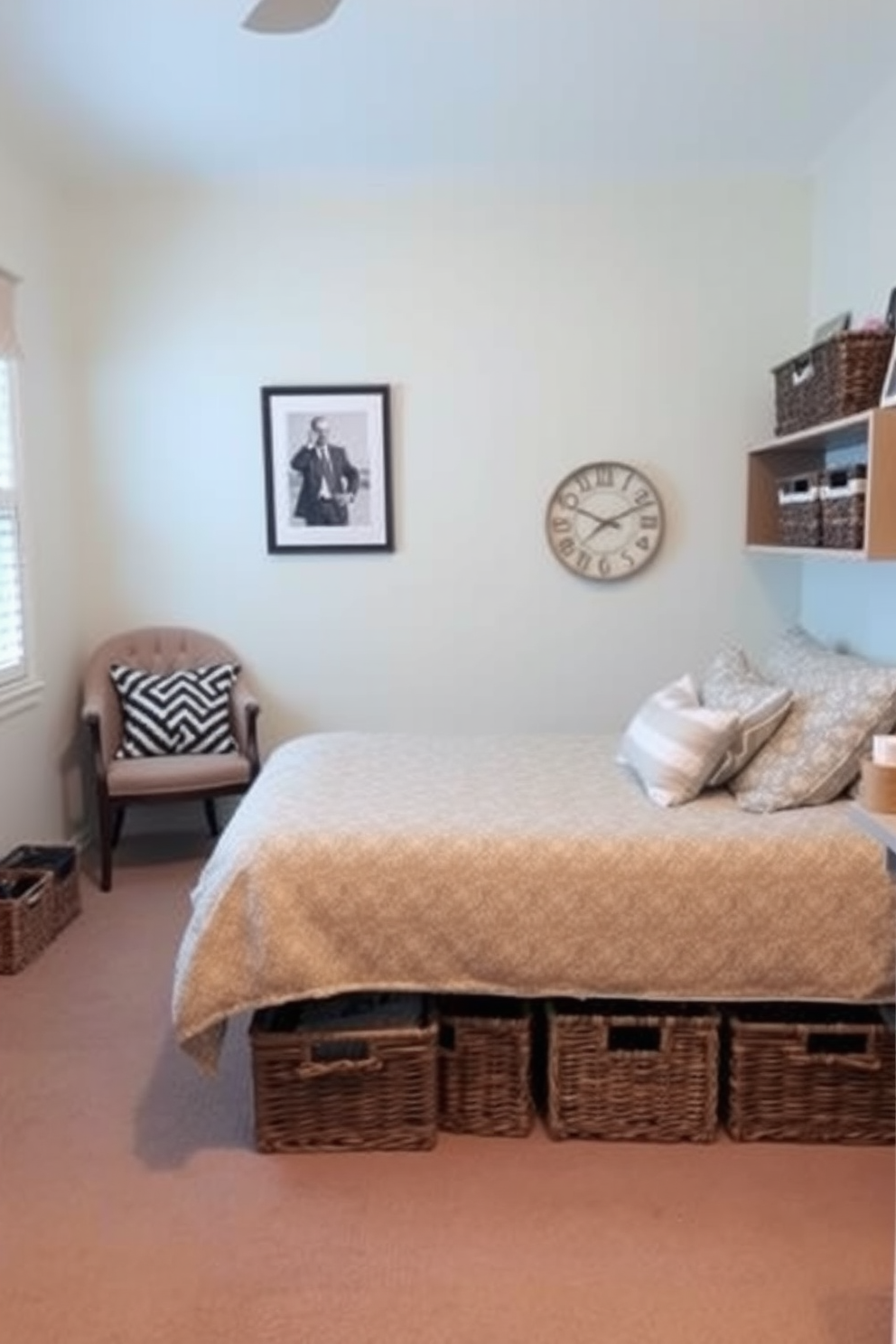 A cozy 10x10 bedroom featuring decorative baskets for organization. The walls are painted in a soft pastel color, and a plush bed with a patterned duvet sits against one wall. In one corner, a stylish reading nook with a comfortable chair and a small side table complements the space. Decorative baskets are placed under the bed and on shelves, providing both functionality and a touch of charm.