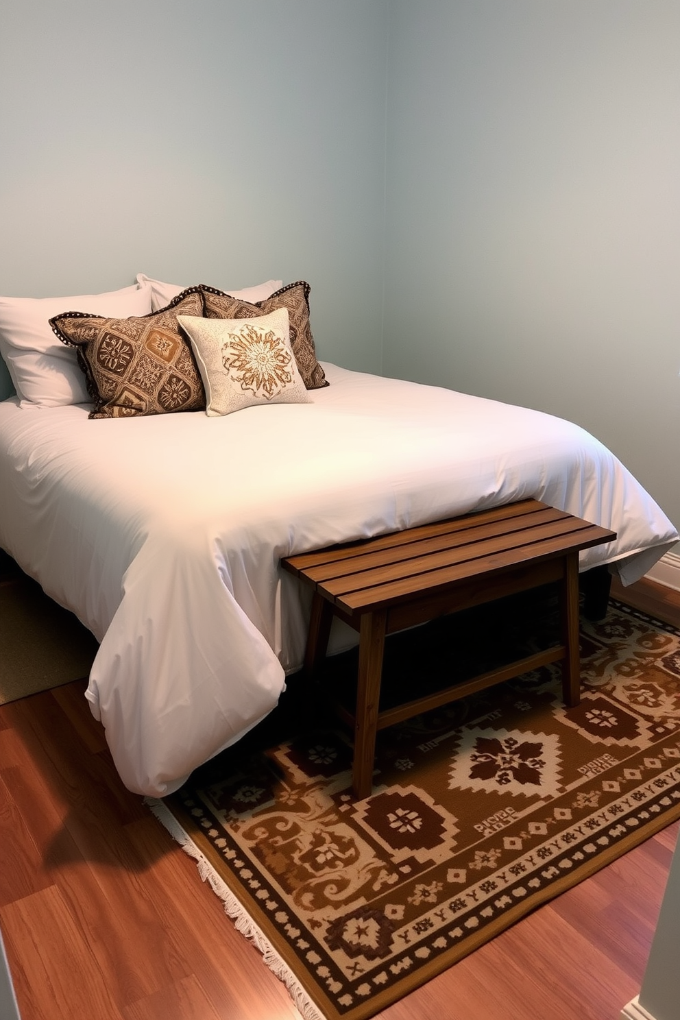 A cozy 10x10 bedroom featuring a plush bed with soft linens and decorative pillows. At the foot of the bed, a small wooden bench adds functionality and warmth to the space. The walls are painted in a calming light blue shade, creating a serene atmosphere. A stylish area rug lies beneath the bed, complementing the overall design with texture and comfort.