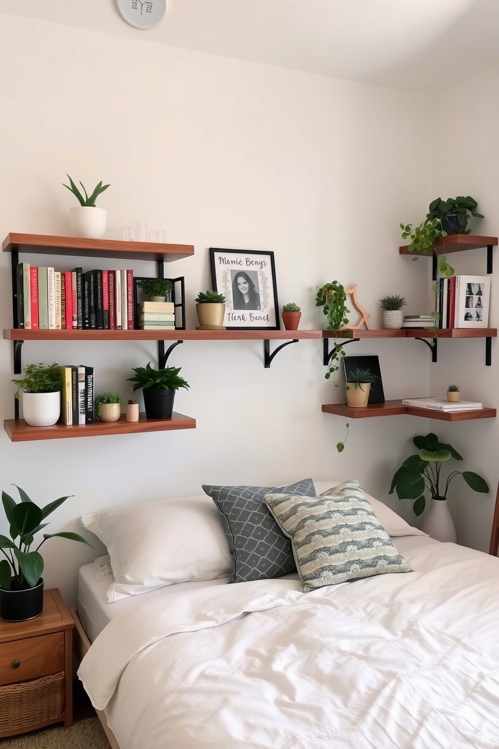 A cozy 10x10 bedroom featuring a lofted bed with a sleek wooden frame, elevated above a functional workspace. Underneath the bed, a modern desk is paired with a comfortable ergonomic chair, creating an inviting study area. The walls are painted in a soft pastel hue, enhancing the room's airy feel. A plush area rug lies beneath the desk, while decorative wall shelves display books and personal items, adding character to the space.