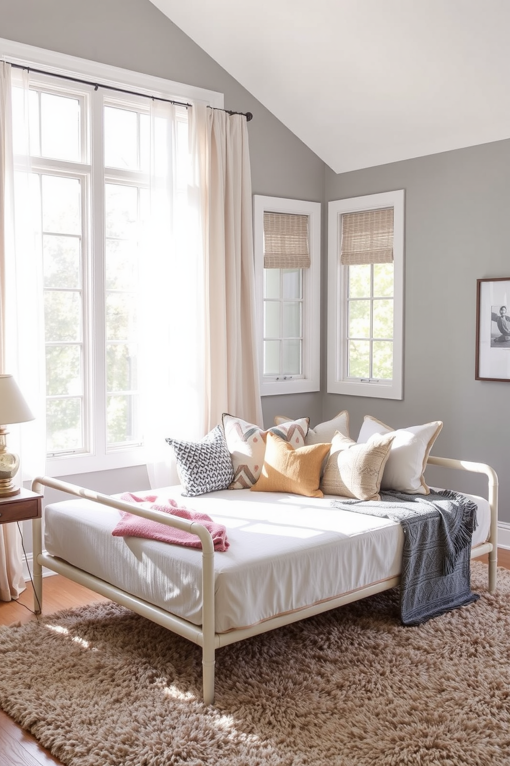 A stylish 10x10 bedroom featuring a pegboard on one wall for organization. The pegboard is adorned with various hooks and shelves holding decorative items, plants, and essential accessories. The bed is positioned against the opposite wall, dressed in soft linens and accent pillows. A cozy reading nook with a comfortable chair and a small side table completes the inviting atmosphere.