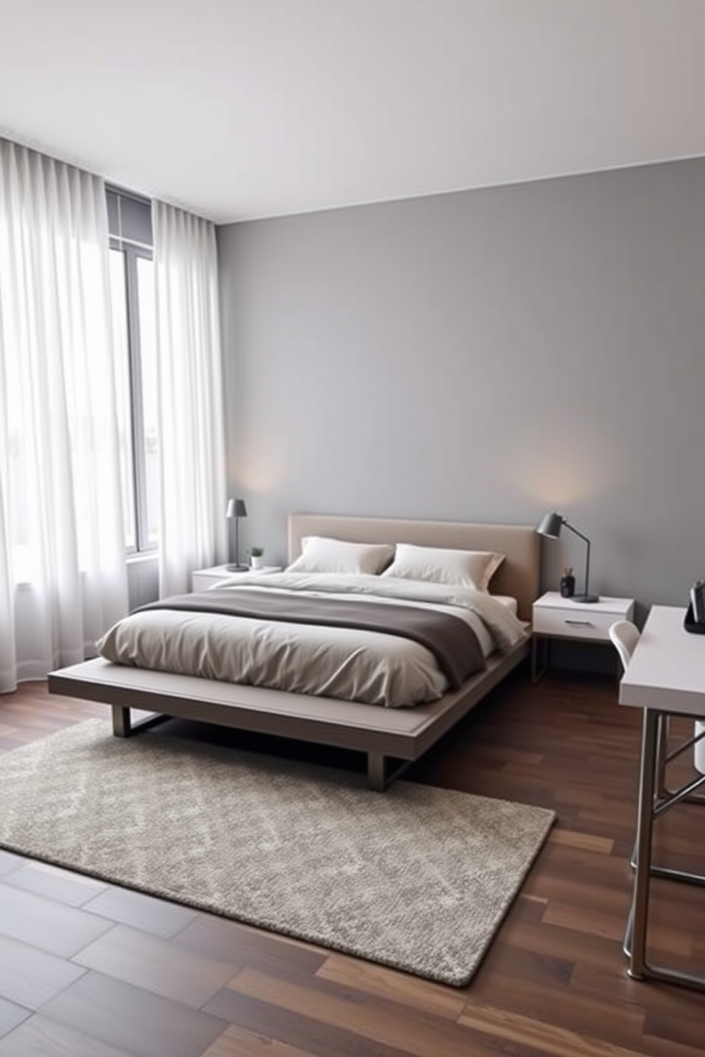 A modern 10x10 bedroom featuring a sleek platform bed with a low-profile frame and plush bedding in neutral tones. The walls are painted a soft gray, and a large window allows natural light to fill the space, complemented by sheer white curtains. On either side of the bed, minimalist nightstands hold elegant lamps that provide a warm glow in the evening. A cozy area rug in a geometric pattern anchors the room, while a small desk in the corner offers a functional workspace.