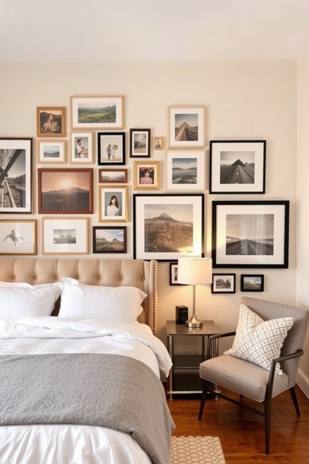 Create a gallery wall featuring a mix of framed artwork and photographs in various styles and colors. The wall is adorned with a combination of abstract pieces, landscape prints, and personal memories, all arranged harmoniously. In the center of the room, a cozy 10x10 bedroom showcases a plush bed with a tufted headboard and soft bedding. The space is complemented by a stylish nightstand with a modern lamp and a comfortable reading chair in the corner.