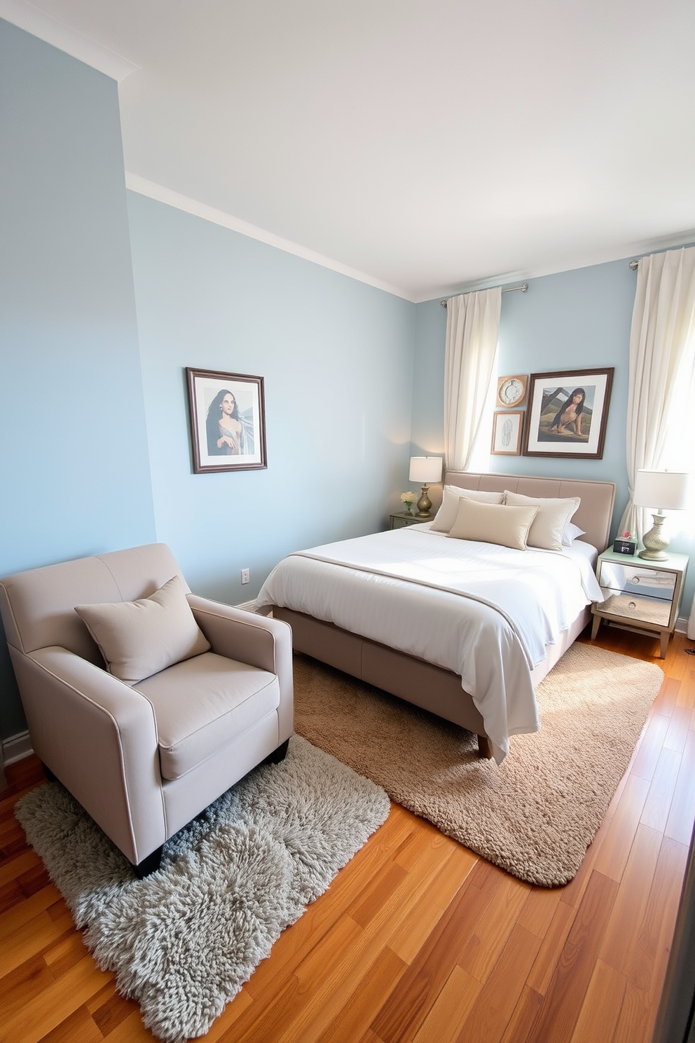 A cozy 10x10 bedroom featuring a comfortable small armchair in the corner, upholstered in soft fabric to create an inviting atmosphere. The walls are painted in a calming light blue, complemented by warm wooden flooring and a plush area rug beneath the bed. A queen-sized bed with elegant bedding takes center stage, flanked by stylish bedside tables adorned with modern lamps. Natural light streams through sheer curtains, enhancing the serene ambiance and highlighting decorative wall art that adds character to the space.