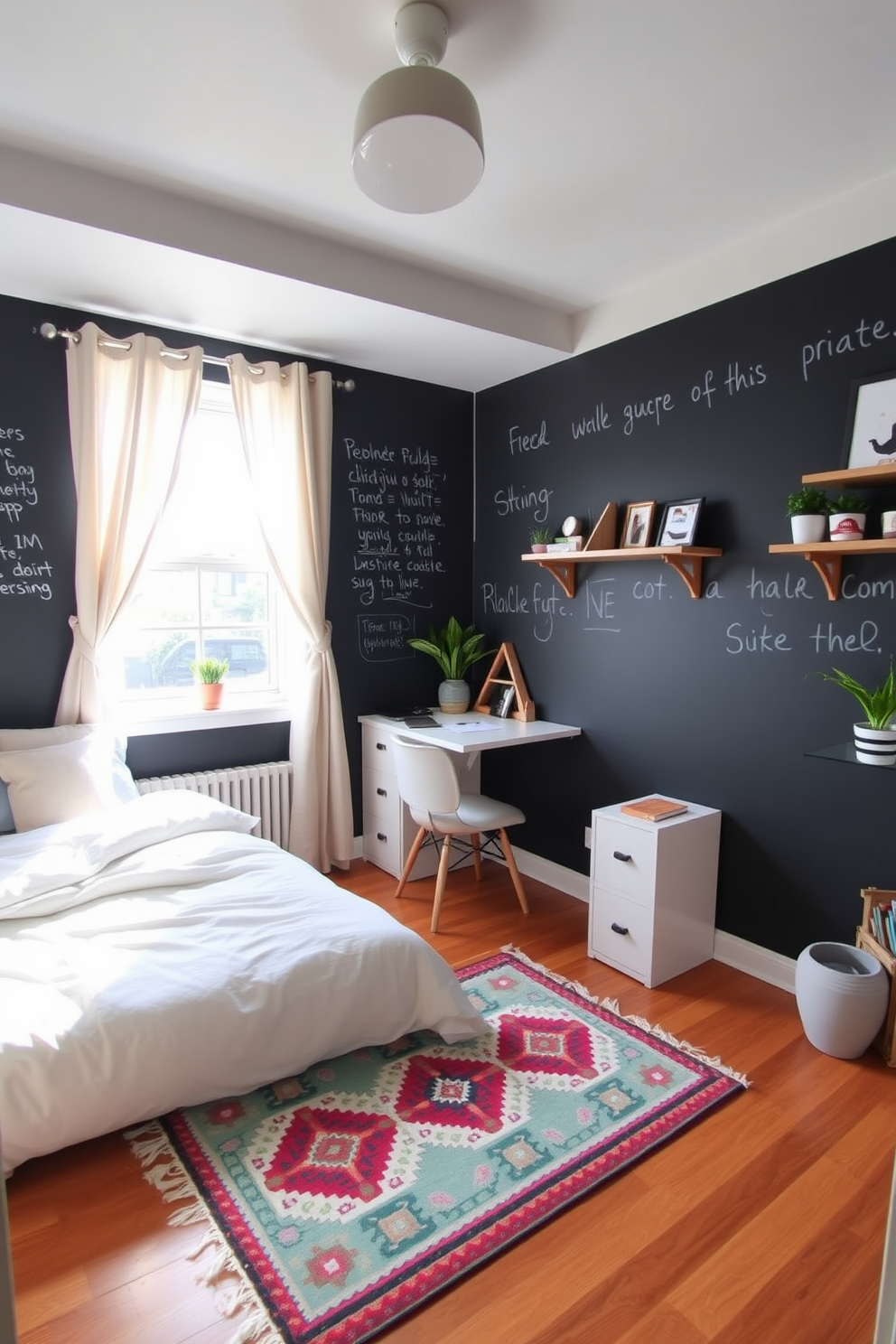 A cozy 10x10 bedroom features a chalkboard wall for notes and creative expression. The bed is adorned with soft linens and plush pillows, while a small desk with a stylish chair sits in the corner for studying or working. Natural light floods the room through a window dressed in light, airy curtains. A colorful area rug adds warmth to the hardwood floor, and decorative shelves display personal items and plants.