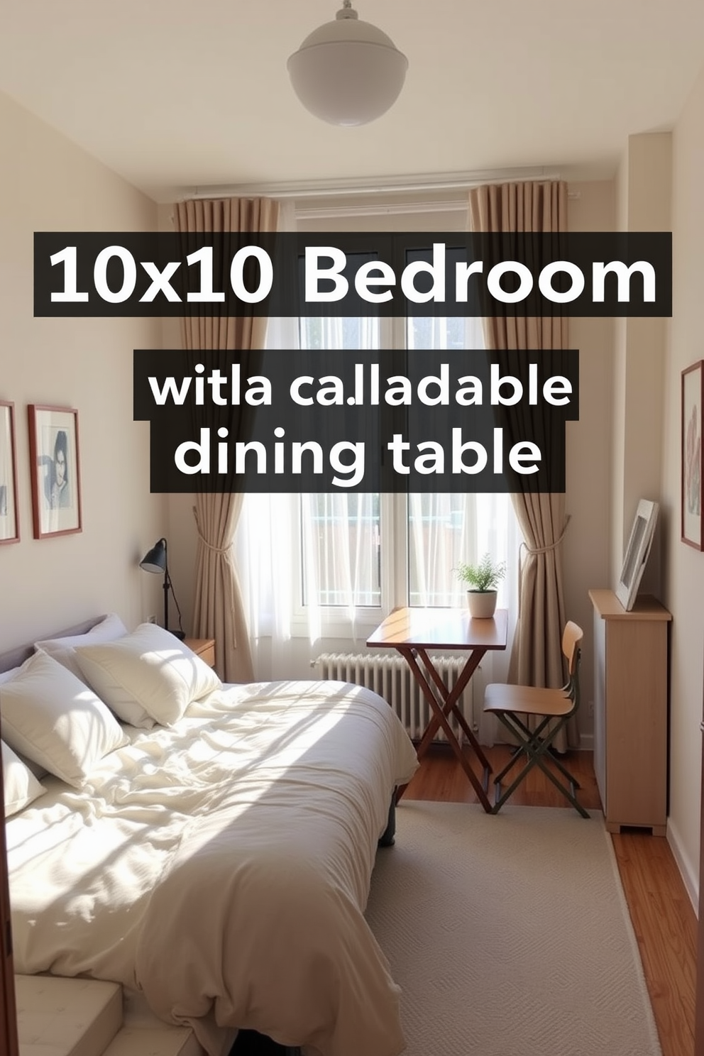 Create a cozy 10x10 bedroom with a foldable dining table that serves as a multifunctional space. The walls are painted in a soft pastel color, and natural light floods the room through a large window adorned with sheer curtains. Incorporate a comfortable bed with plush bedding positioned against one wall, while the foldable table is set up near the window for dining or working. Add decorative touches like framed artwork and a small indoor plant to enhance the inviting atmosphere.