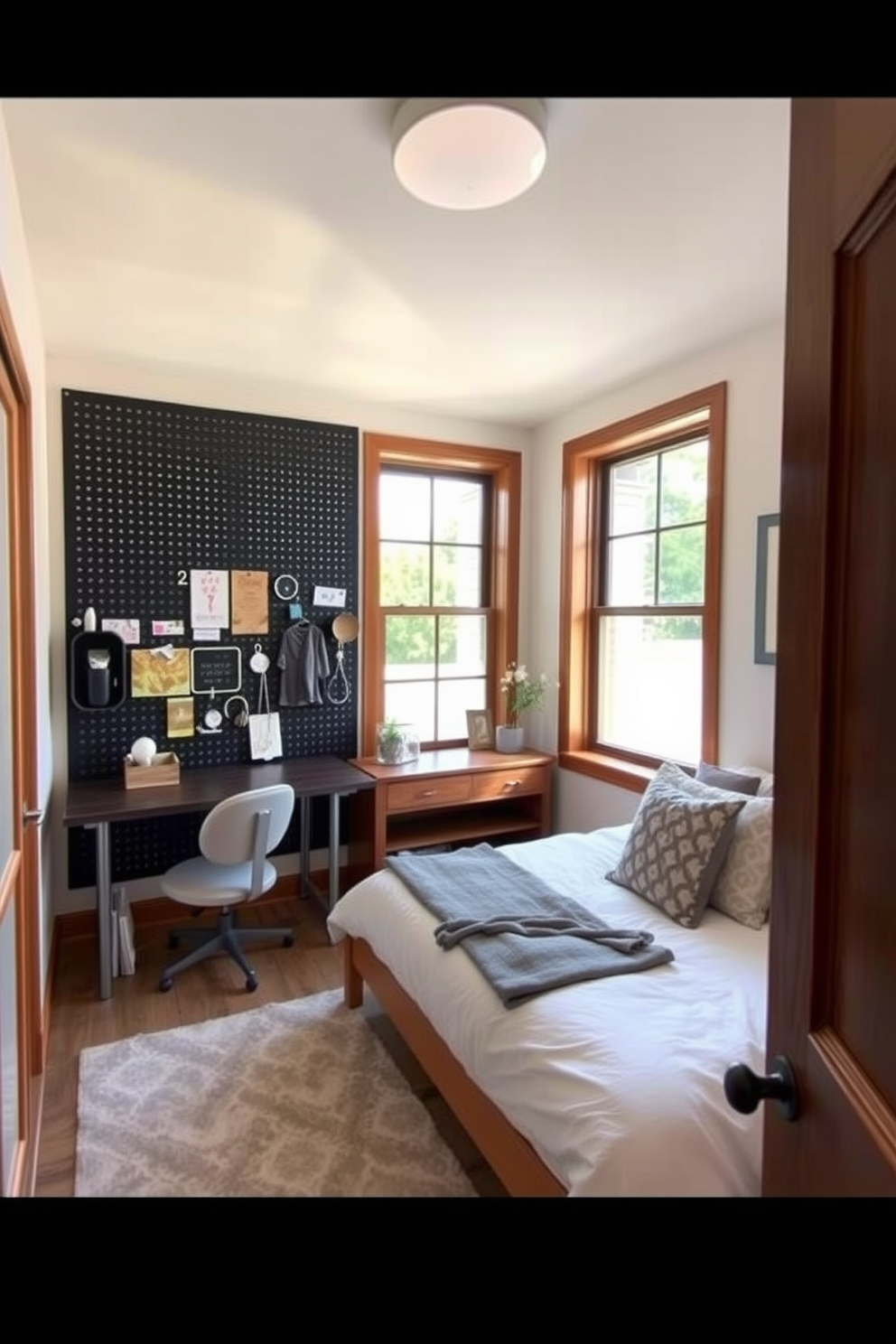 A cozy 10x10 bedroom featuring a small wooden dresser for essentials placed against the wall. The room is adorned with soft, neutral tones, a plush bed with layered bedding, and a bedside table with a stylish lamp.