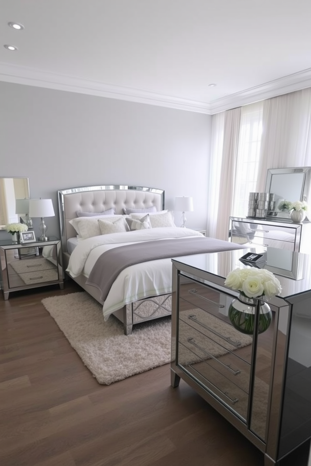 A serene 10x10 bedroom design featuring mirrored furniture to enhance light reflection and create a sense of spaciousness. The bed is centered against a soft gray wall, adorned with plush bedding and decorative pillows, while a mirrored nightstand flanks each side. A stylish mirrored dresser sits opposite the bed, reflecting the natural light from a large window dressed in sheer curtains. The floor is covered with a cozy area rug, adding warmth and texture to the elegant space.