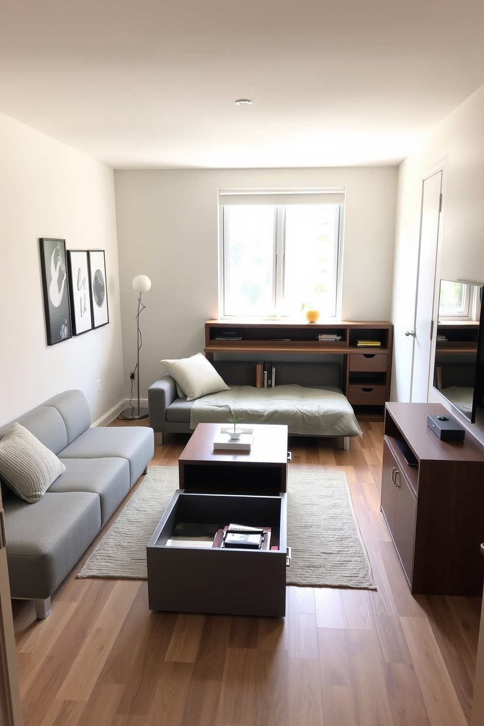 A cozy bedroom featuring a stylish fold-out sofa bed that seamlessly converts into a comfortable seating area during the day. The room is adorned with a sleek coffee table that doubles as a storage unit, enhancing functionality without sacrificing aesthetics. The walls are painted in a soft neutral tone, creating a calming atmosphere. A compact desk with built-in shelving is positioned near the window, providing a productive workspace while maximizing floor space.