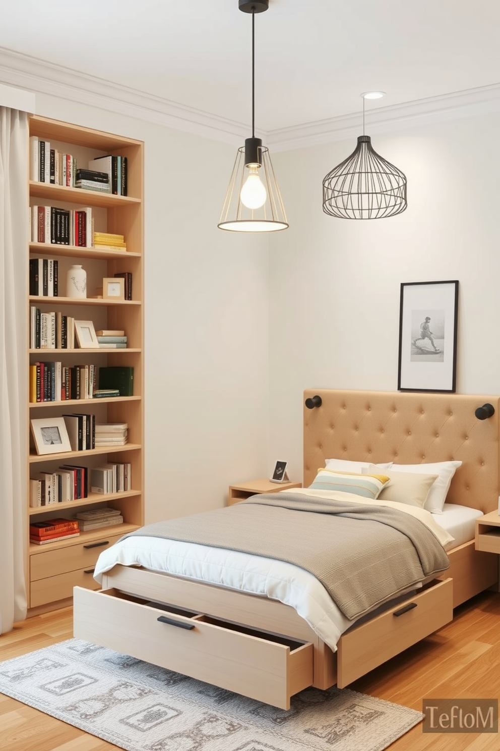 A cozy 10x10 bedroom featuring vertical storage solutions to maximize space. The walls are painted in a soft pastel color, and a tall bookshelf occupies one corner, filled with books and decorative items. A bed with built-in drawers is positioned against the opposite wall, complemented by floating nightstands on either side. Soft lighting from a stylish pendant lamp enhances the warm and inviting atmosphere of the room.