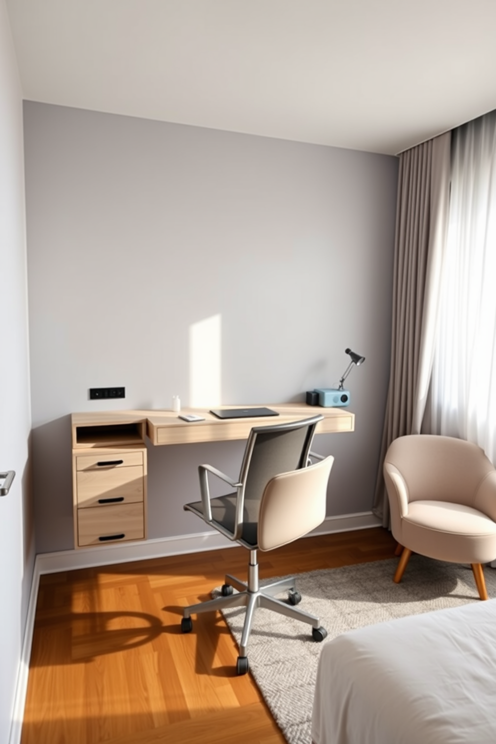 A modern wall-mounted desk is positioned against a light gray wall, creating a sleek and efficient workspace. The desk features minimalistic design elements with built-in shelves for organization and a comfortable ergonomic chair. In the 10x10 bedroom, a queen-sized bed is centered against a soft blue accent wall, flanked by stylish nightstands. Natural light streams in through sheer curtains, highlighting a cozy reading nook with a plush armchair and a small bookshelf in the corner.