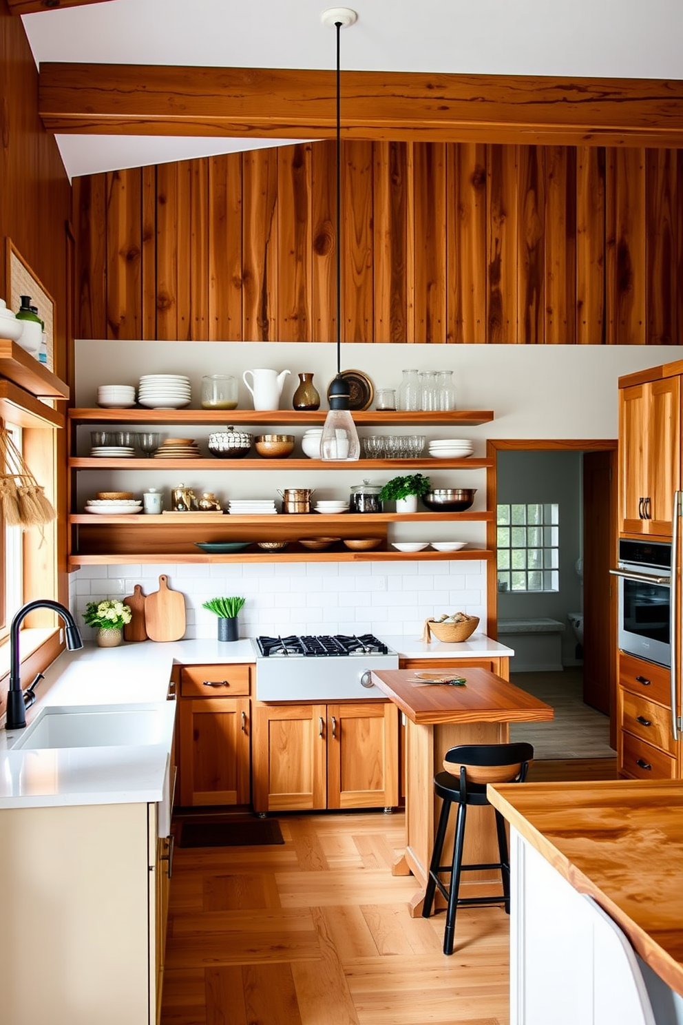 A modern farmhouse kitchen featuring open shelving with a mix of wooden and white finishes. The space includes a large farmhouse sink, a spacious island with bar stools, and rustic pendant lights hanging above.