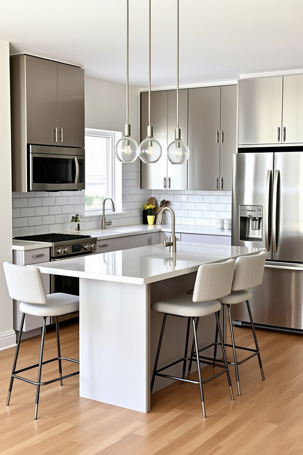 Bright and airy kitchen with large windows allowing natural light to flood the space. The design features a central island with bar seating, sleek white cabinetry, and a marble backsplash that complements the overall aesthetic.