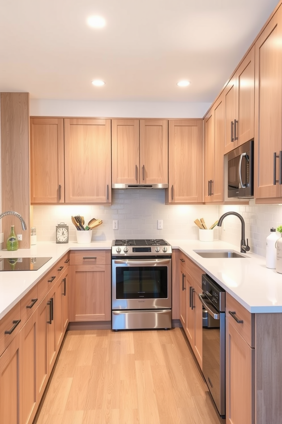 A modern kitchen design featuring a monochromatic palette with shades of gray and white. The cabinetry is sleek and minimalistic, complemented by stainless steel appliances and a large island with a seamless countertop. The walls are adorned with subtle texture, creating depth while maintaining the clean aesthetic. Pendant lights hang above the island, providing warm illumination and enhancing the overall elegance of the space.