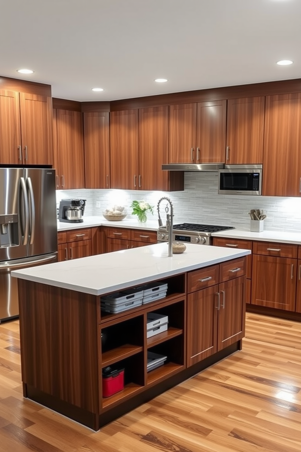 A modern kitchen featuring a multi-functional island that incorporates ample storage options. The island is topped with a sleek quartz surface and includes built-in shelves and cabinets for easy access to kitchen essentials. The surrounding kitchen layout is designed in a 10x10 space, showcasing stylish cabinetry and efficient use of space. Warm wood tones and stainless steel appliances complement the overall aesthetic, creating a welcoming and functional cooking area.