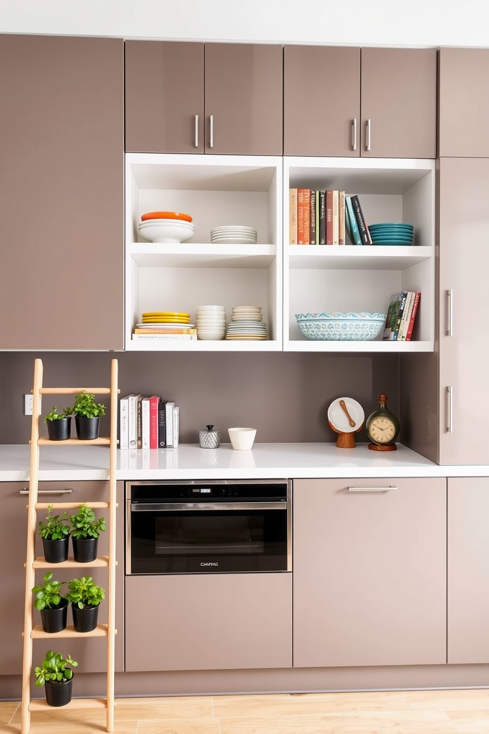 A modern kitchen design featuring creative vertical storage solutions. The walls are lined with sleek cabinets that reach the ceiling, maximizing space while maintaining a clean aesthetic. Open shelving displays colorful dishware and cookbooks, adding personality to the room. A minimalist ladder shelf in the corner holds potted herbs, bringing a touch of greenery to the design.