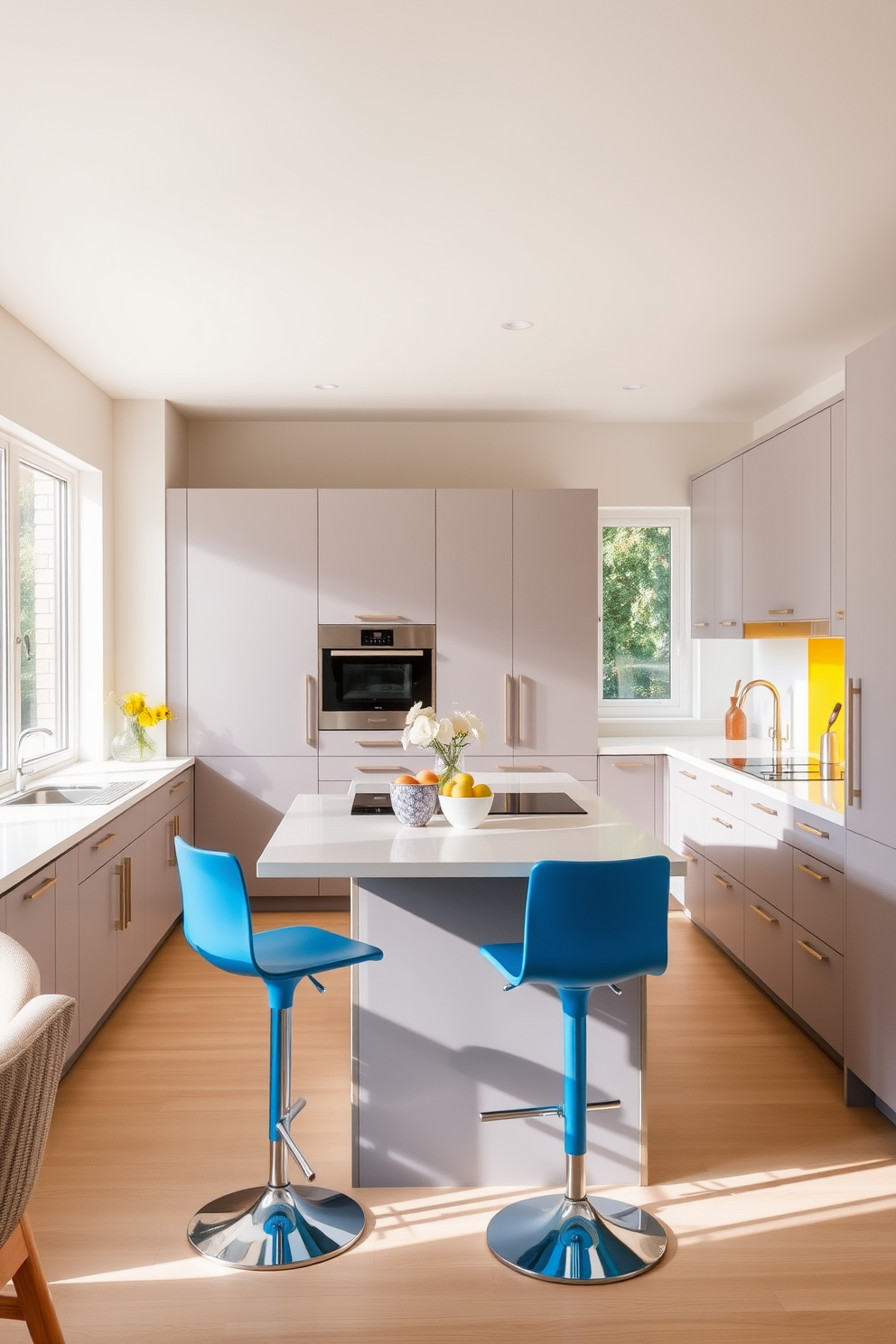 A modern kitchen design featuring neutral tones like soft beige and warm gray. Pops of color are introduced through vibrant blue bar stools and a bright yellow backsplash. The kitchen includes sleek cabinetry with minimalist handles and a spacious island at the center. Natural light floods the space through large windows, enhancing the inviting atmosphere.