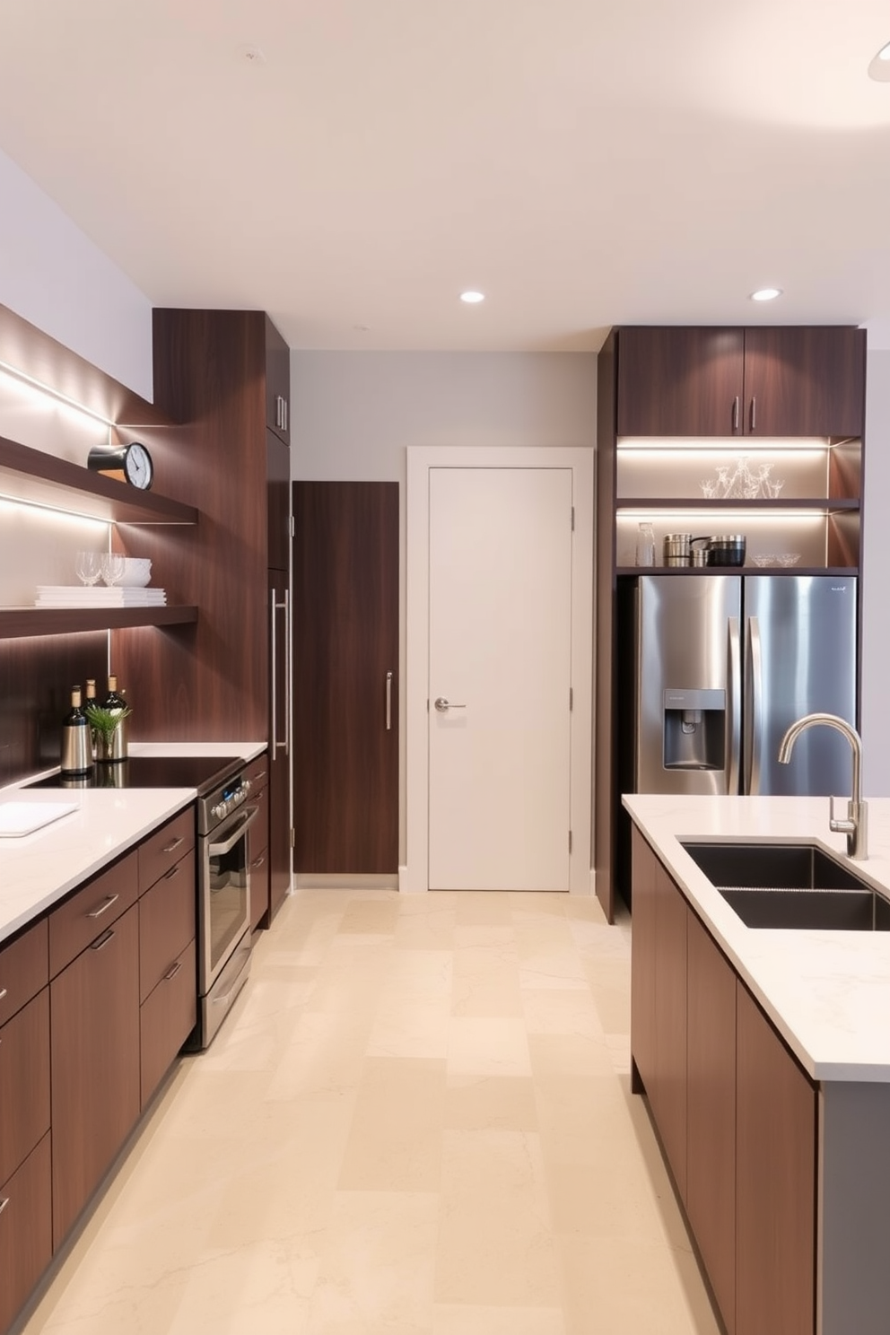 A modern kitchen design featuring maximized counter space with sleek wall shelves. The countertops are a light quartz material, complemented by stainless steel appliances and a large island in the center.