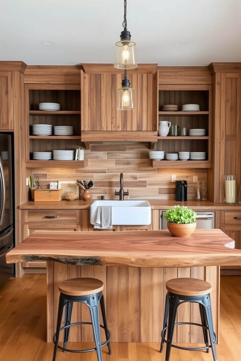 A cozy kitchen featuring reclaimed wood elements throughout the design. The cabinets are crafted from weathered wood with a natural finish, complemented by a farmhouse sink and open shelving displaying rustic dishware. The kitchen island is made of a large reclaimed wood slab with bar stools made from metal and wood. Warm lighting fixtures hang above, creating an inviting atmosphere perfect for family gatherings.