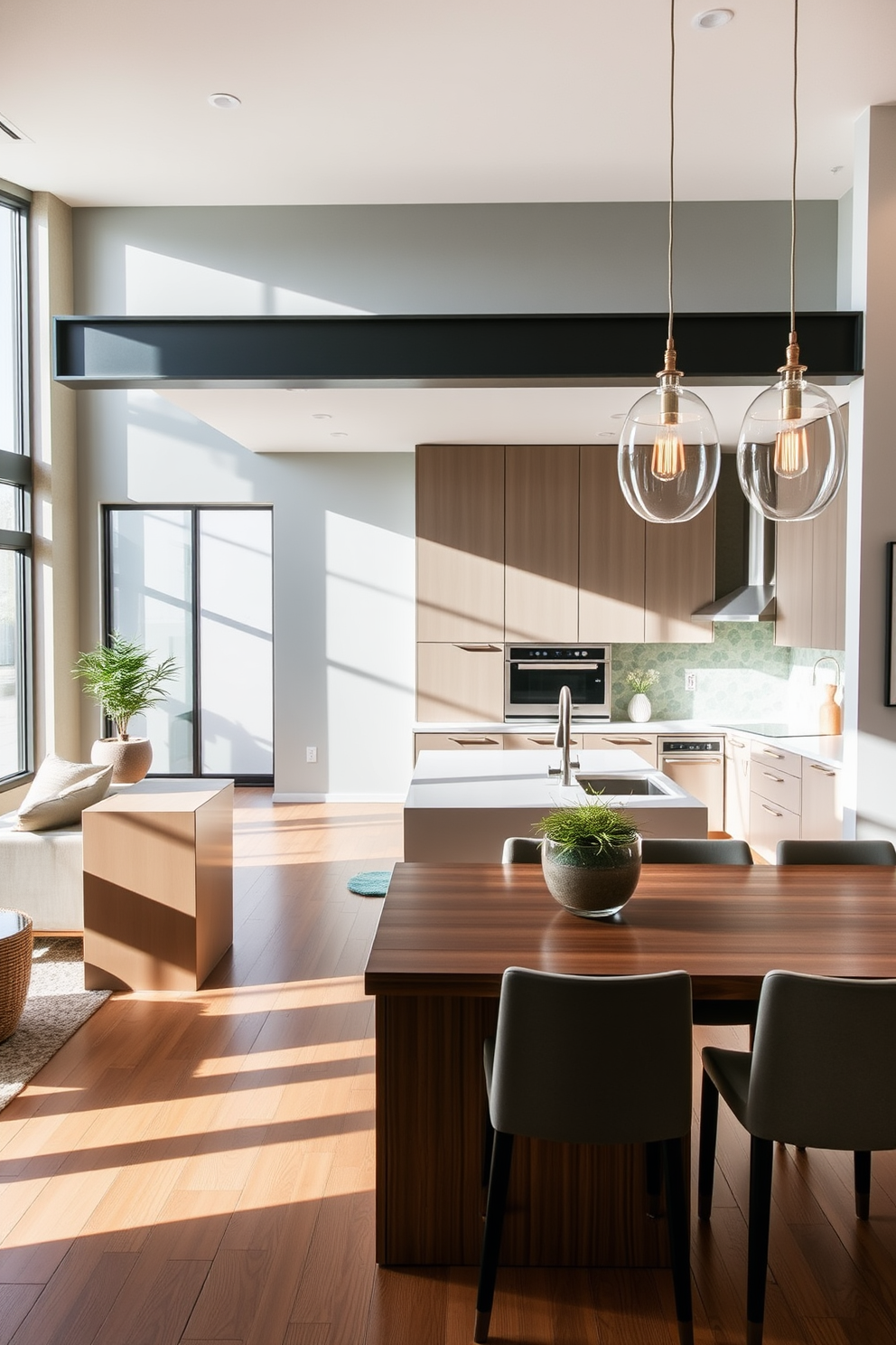 An open concept kitchen seamlessly connects to a stylish dining area, creating a harmonious flow between spaces. The kitchen features sleek cabinetry in a soft white finish, complemented by a large island with a quartz countertop that serves as both a workspace and a casual dining spot. The dining area showcases a modern wooden table surrounded by upholstered chairs, with a statement pendant light hanging above. Large windows allow natural light to flood the space, enhancing the inviting atmosphere of this contemporary design.