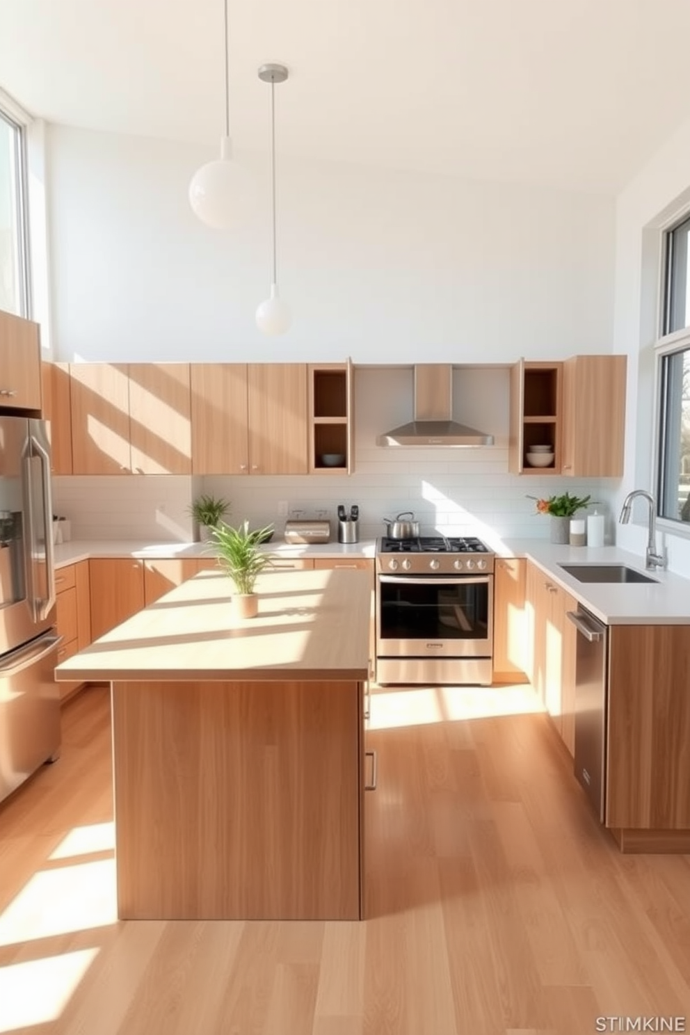 A functional and efficient kitchen layout featuring a work triangle that optimizes workflow. The design includes a central island with bar seating, a modern stove, and a refrigerator positioned for easy access. The cabinetry is sleek and minimalistic, with a mix of open shelves and closed storage for a clean look. Bright, natural light floods the space through large windows, highlighting the warm wood tones and stainless steel appliances.