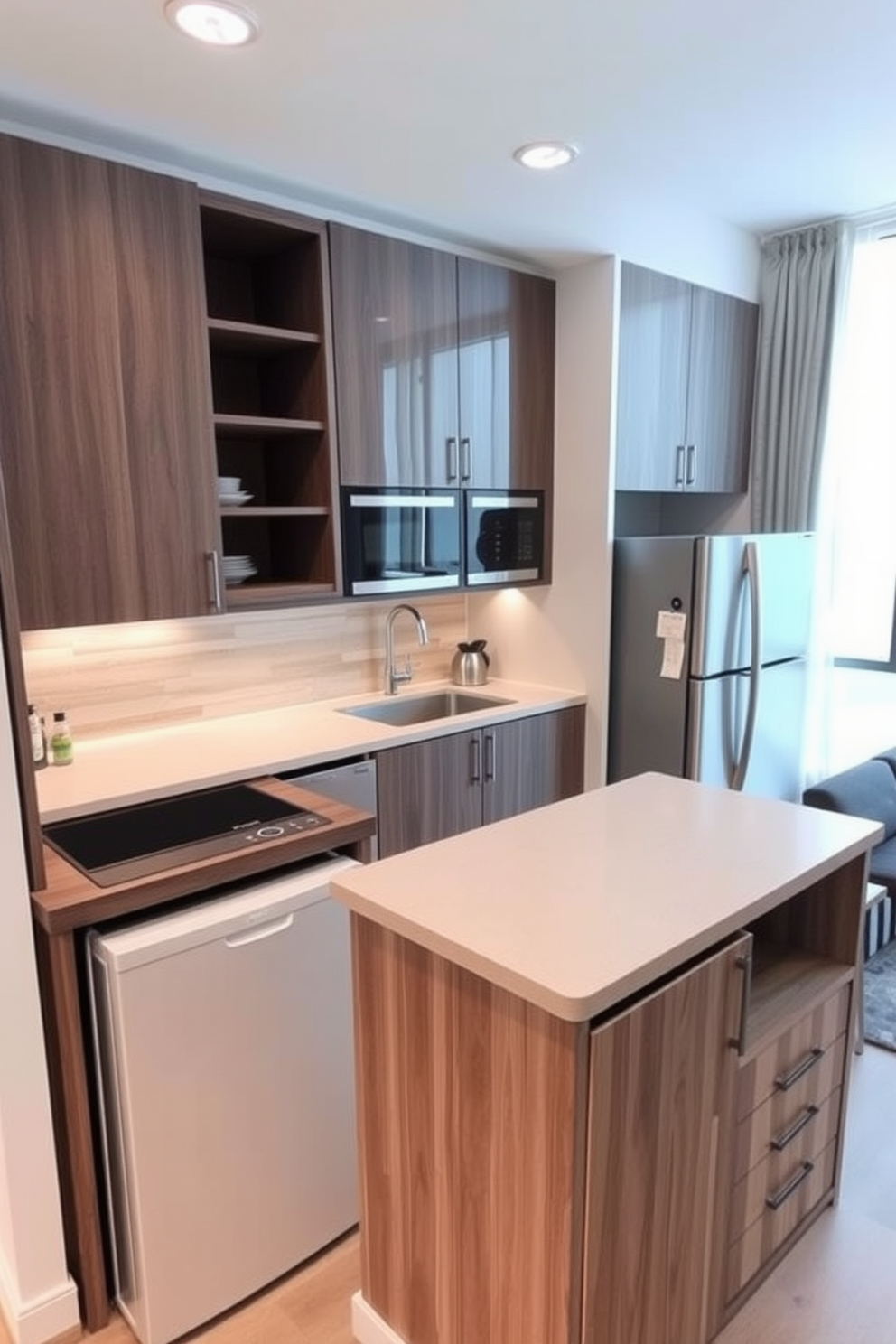 A functional kitchen island with built-in storage features a sleek countertop made of quartz. Surrounding the island are modern bar stools with a minimalist design, and the cabinetry is painted in a soft white finish. The kitchen layout includes stainless steel appliances and an open shelving unit above the island for easy access to dishware. Natural light floods the space through large windows, highlighting the warm wood tones of the flooring.