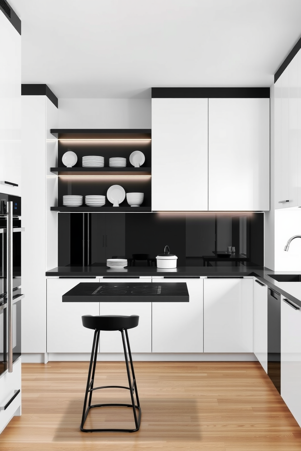 A minimalist kitchen design featuring sleek white cabinets complemented by bold black accents. The layout includes an island with bar stools, a built-in oven, and an open shelving unit showcasing elegant dishware.