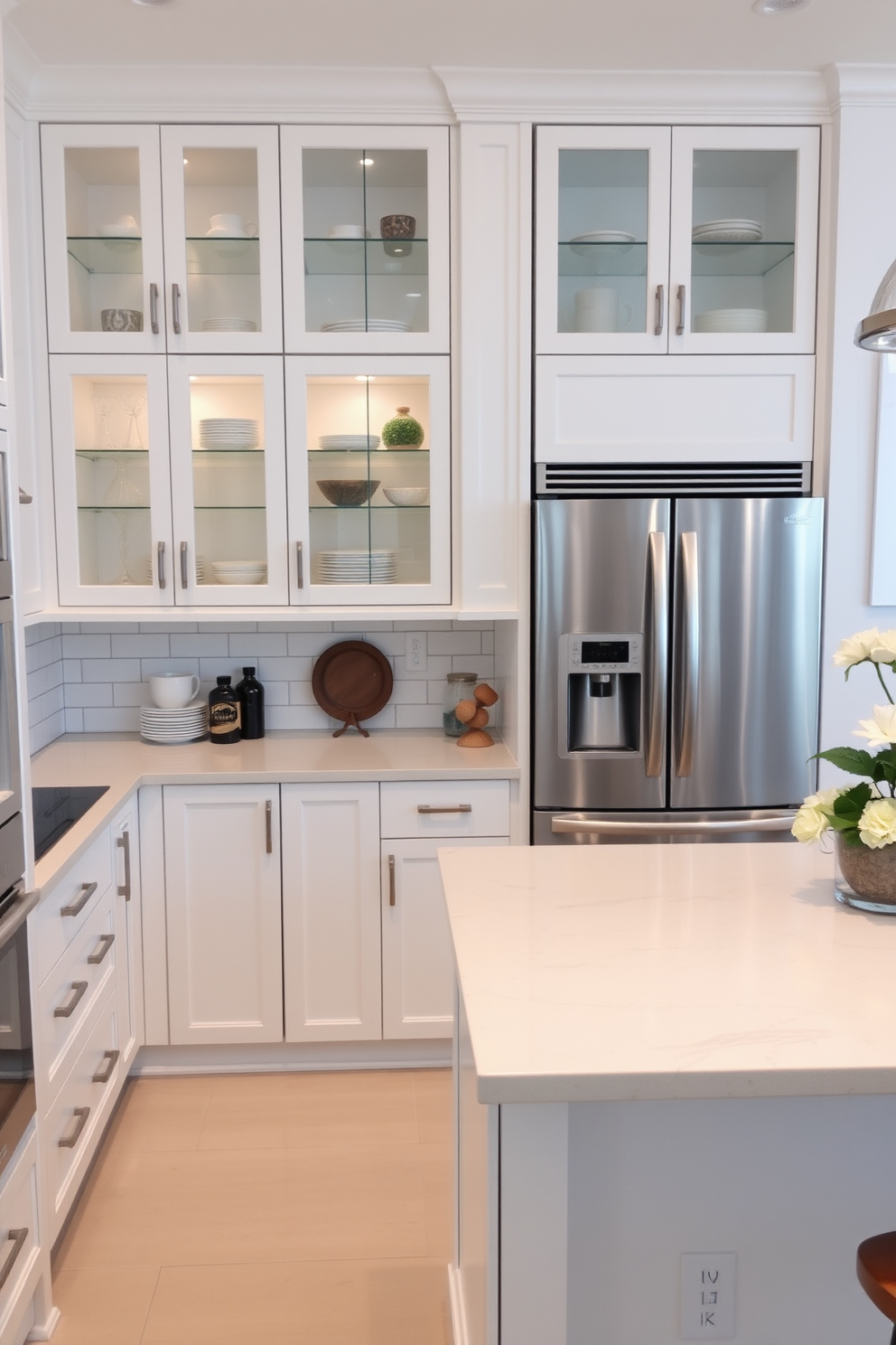 A modern kitchen design featuring glass-front cabinets that showcase elegant dishware and decorative items. The cabinets are paired with sleek stainless steel appliances and a spacious island with bar seating for casual dining. The walls are painted in a soft white, creating a bright and airy atmosphere. A stylish backsplash of subway tiles adds a touch of sophistication to the overall design.