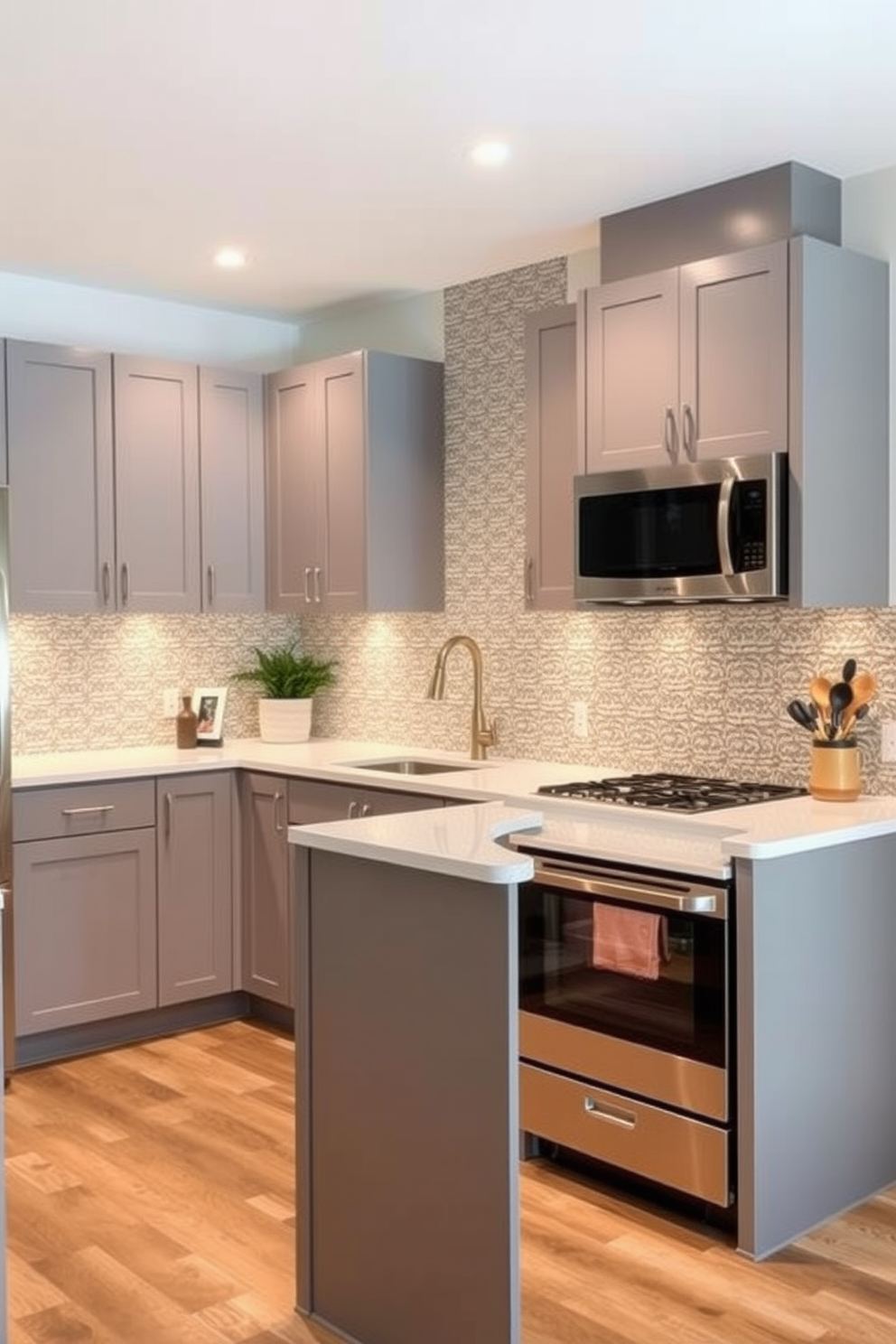 A stylish kitchen featuring a textured backsplash that adds visual interest and depth to the space. The 10x10 layout includes sleek cabinetry in a soft gray tone, complemented by modern stainless steel appliances and a spacious island for additional prep space.